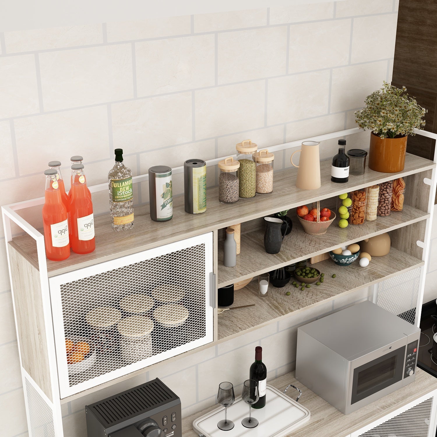 Large Kitchen Sideboard Display Cupboard with Drawers and Mesh Doors Wood Grain