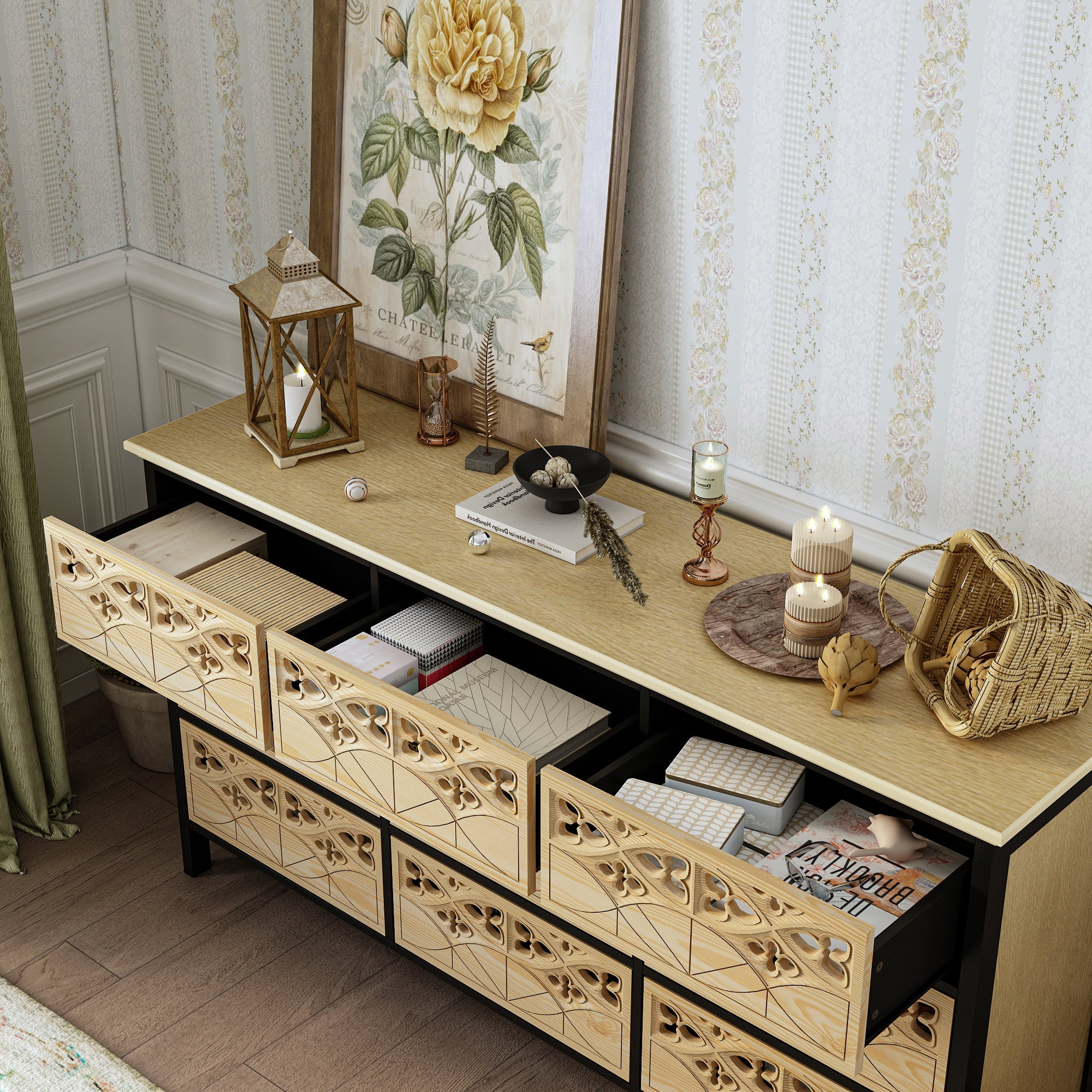 Exquisite Carved and Hollowed Nine Drawer Cabinet Elegance Meets Function Dresser Chest