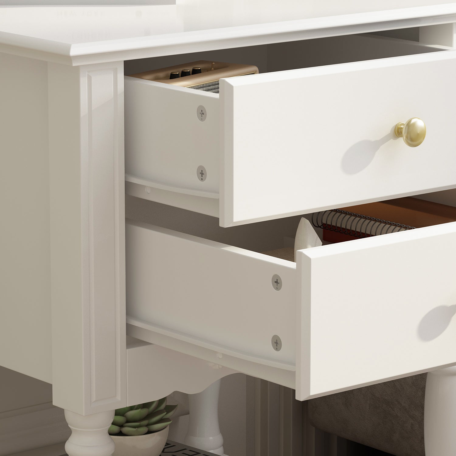 End Table Side Table Bedroom Night Stand Bedside Embossed Table with 2 Drawers & Open Shelf