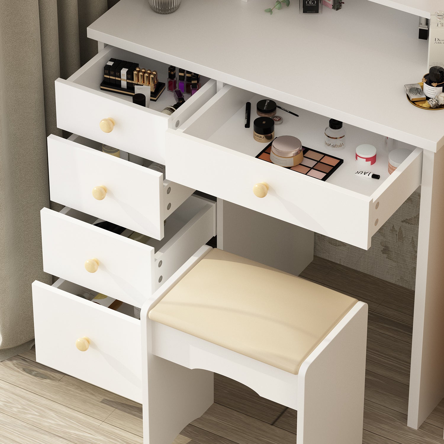 Makeup Vanity Set with Cushioned Stool, 5 Drawers & Display Shelves