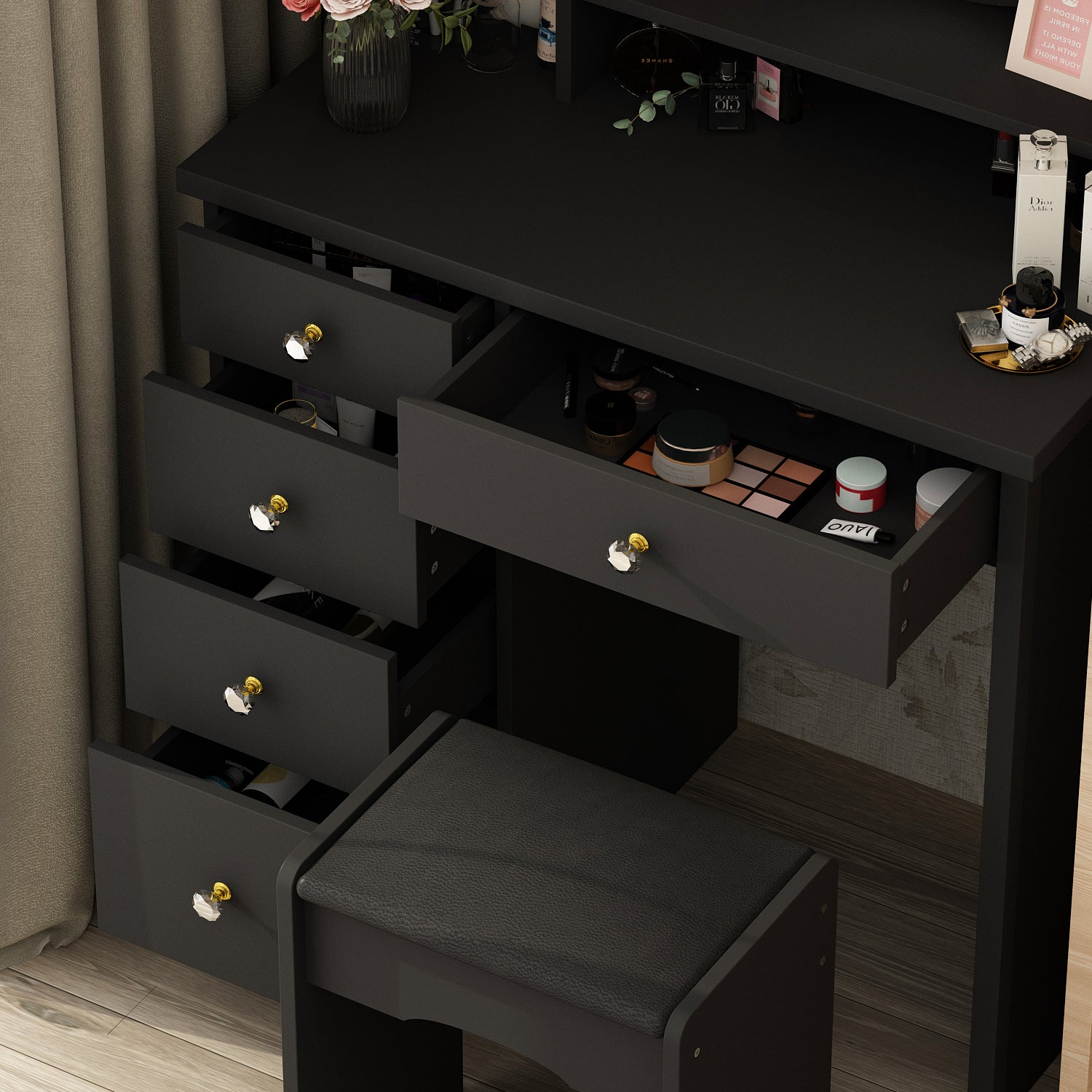 Makeup Vanity Set with Cushioned Stool, 5 Drawers & Display Shelves