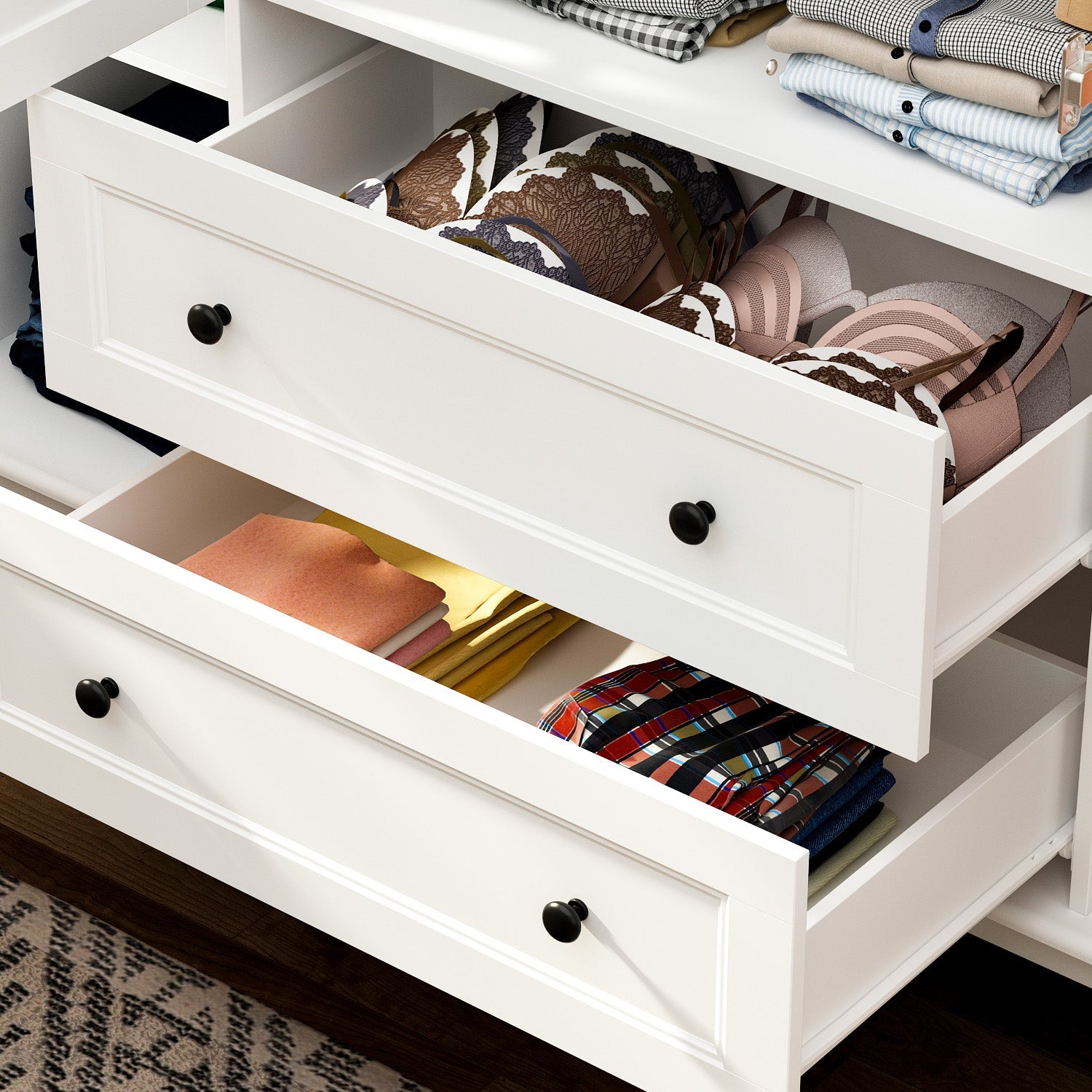 Wardrobe Armoire Garment Rack Closet with Storage Shelves and Drawers in White Finish for Bedroom