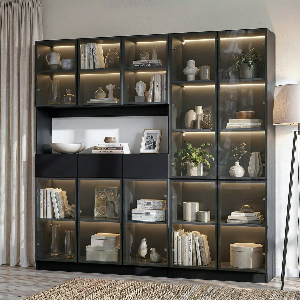 78.7 inch Large Bookcase with Glass Doors and 3-Color Changing LED Lights