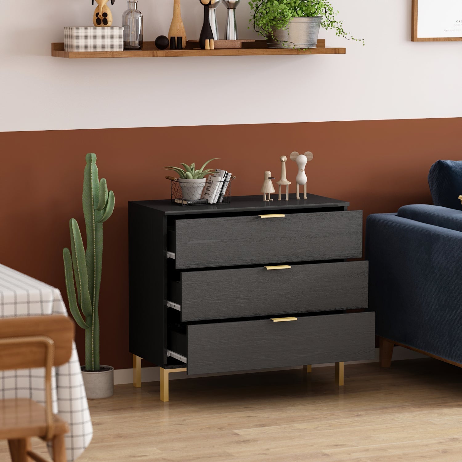 Vertical Chest 3-Drawer Nightstand Dresser Storage Sideboard with Metal Legs for Bedroom