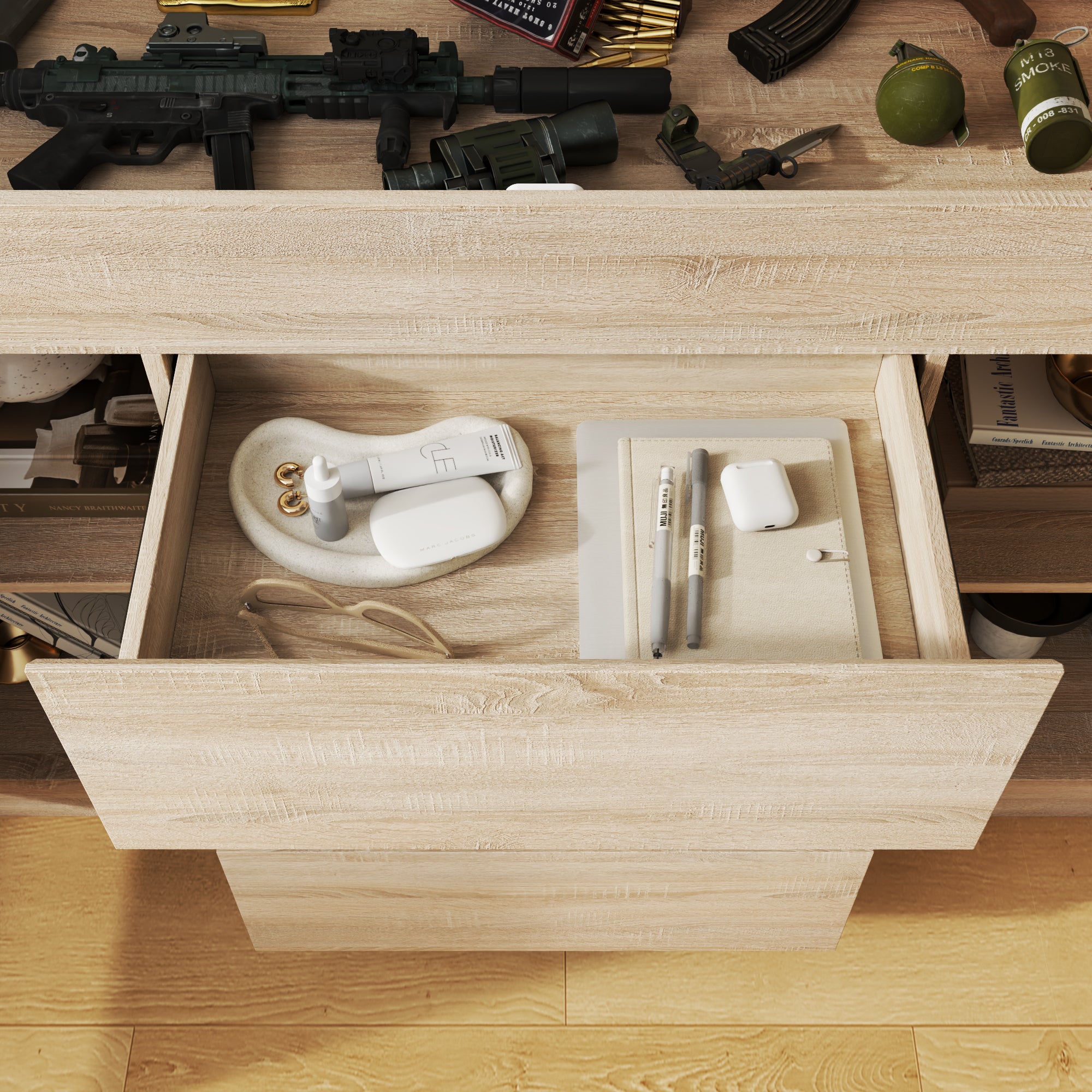 55'' W 3-Drawer Sideboard With Hidden Gun Safe Lock & Hidden Space & NFC