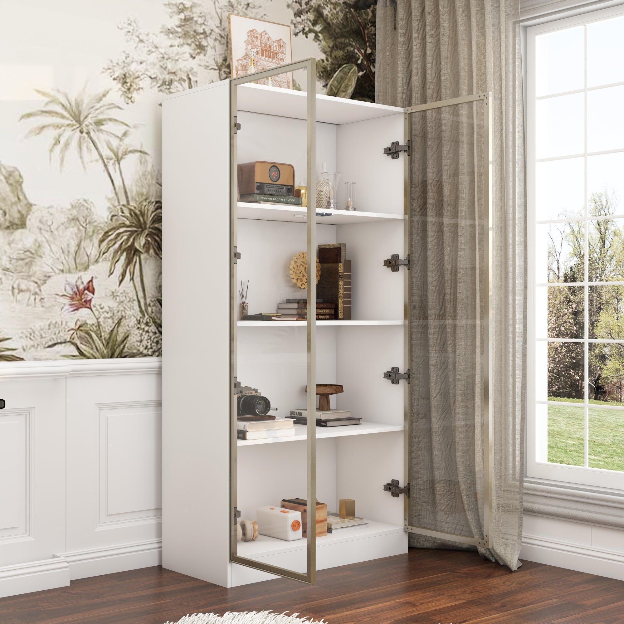 Display Cabinet Bookcase with Lights and Glass Doors