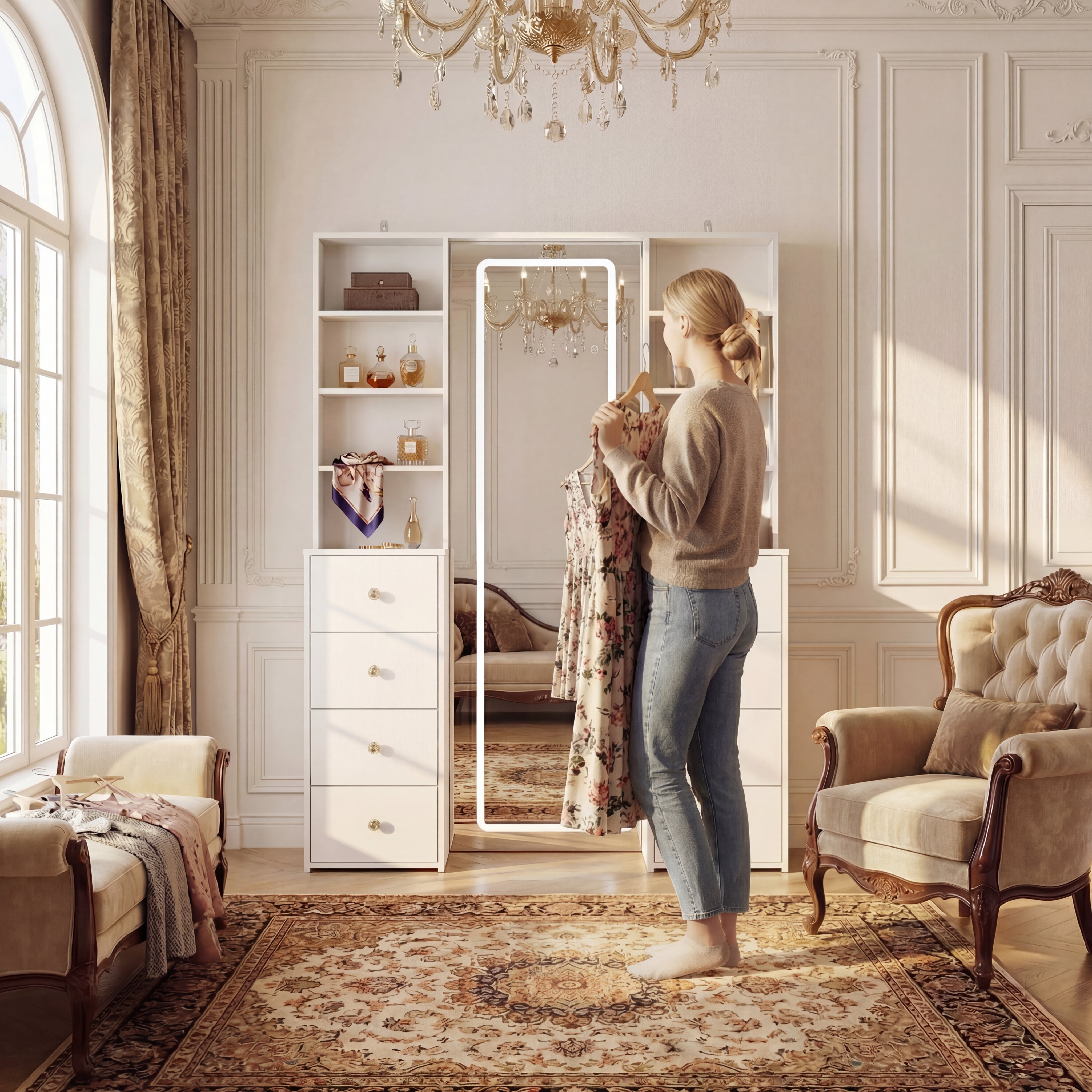 White makeup vanity with full-length LED mirror, side shelves, and drawer storage