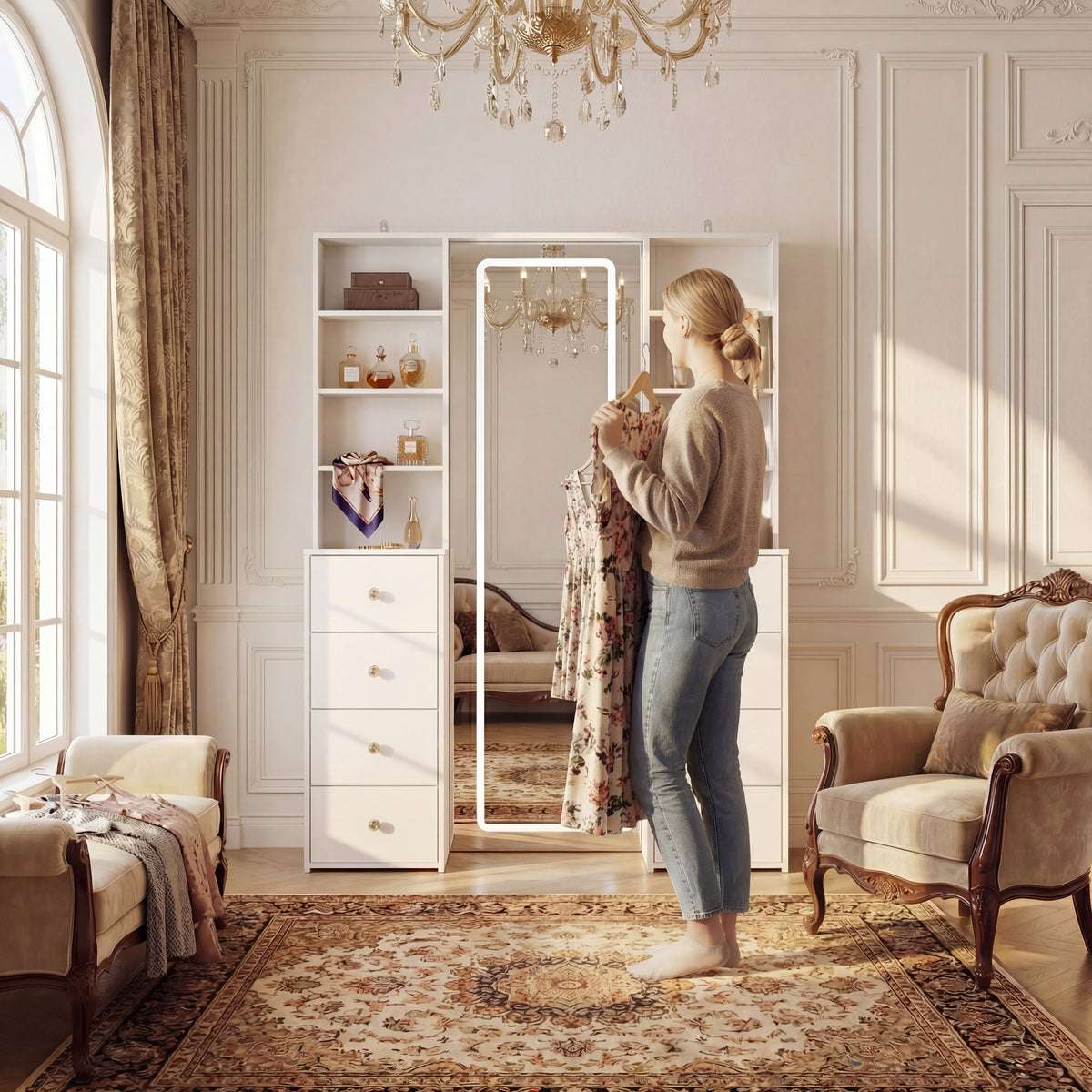 White makeup vanity with full-length LED mirror, side shelves, and drawer storage