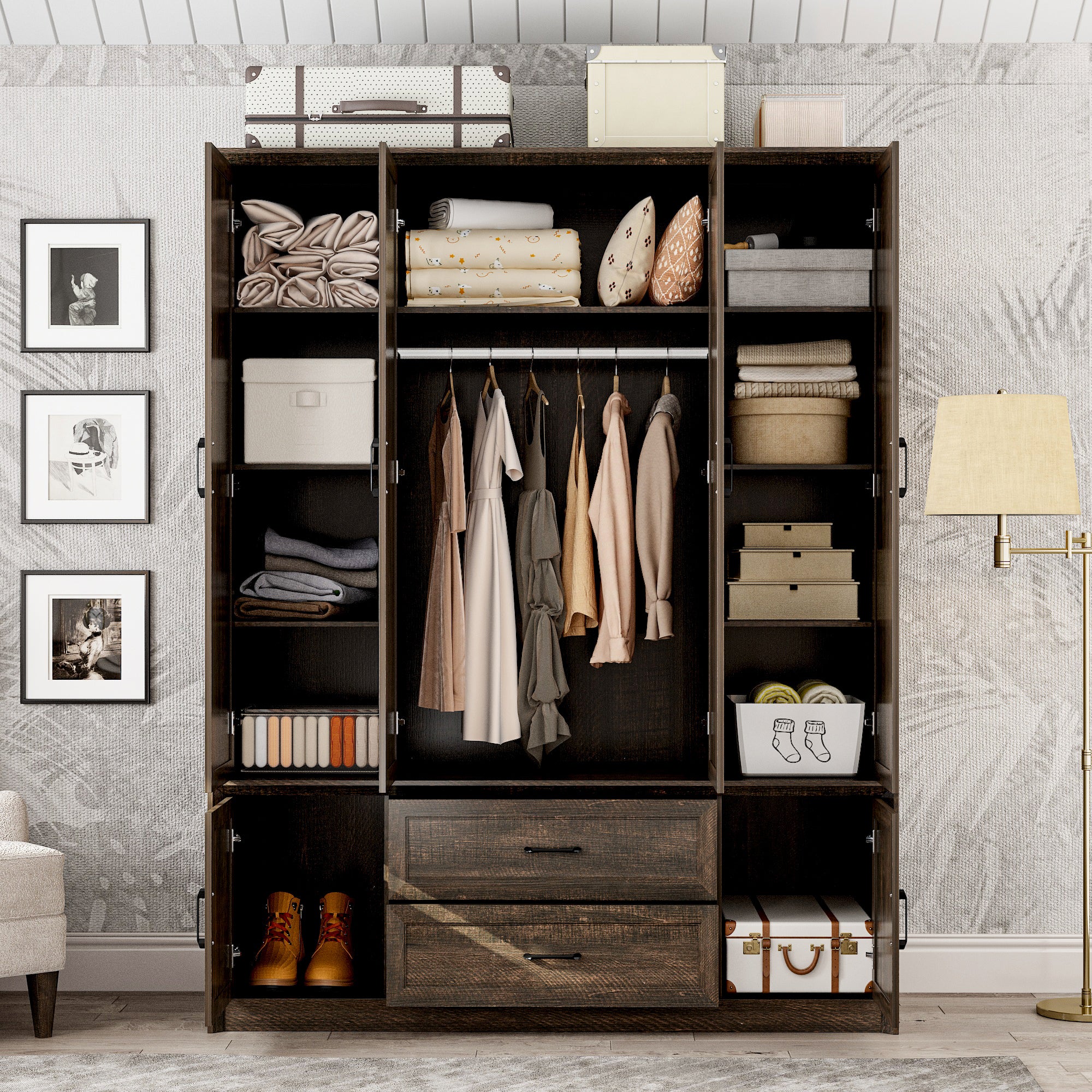 62" Wide 6 Doors 2 Drawers Wood Grain Wardrobe Armoire