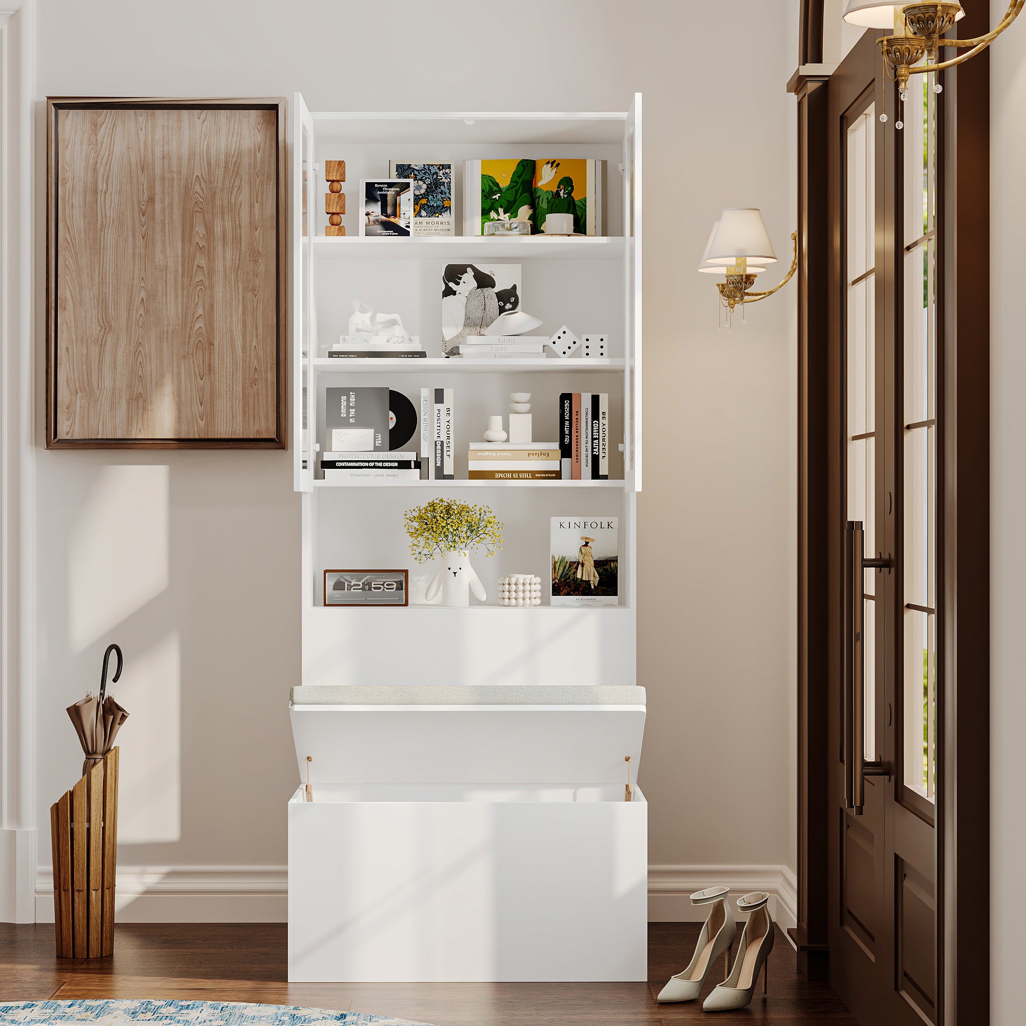 31.5 inches Modern White Entryway Storage Bench with Cabinet and Upholstered Seat