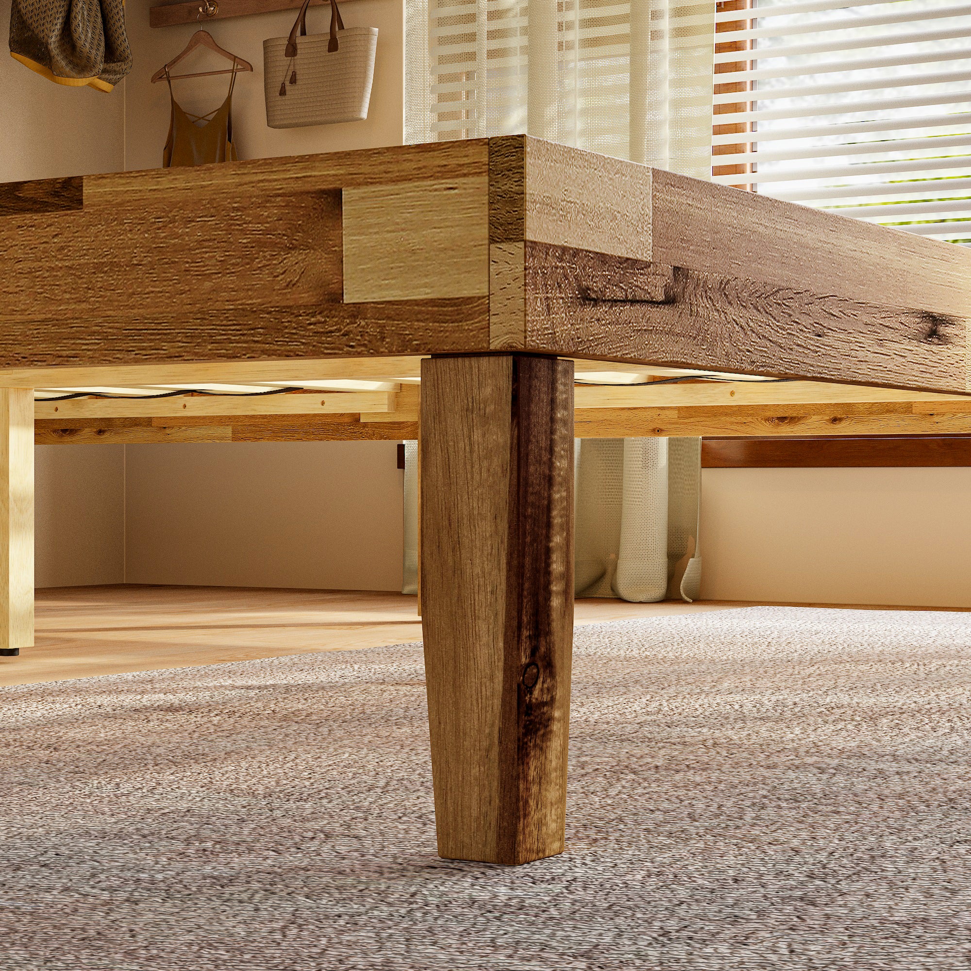 Rustic Solid Acacia Wood Platform Bed Frame With Upholstered Headboard, No Box Spring Needed