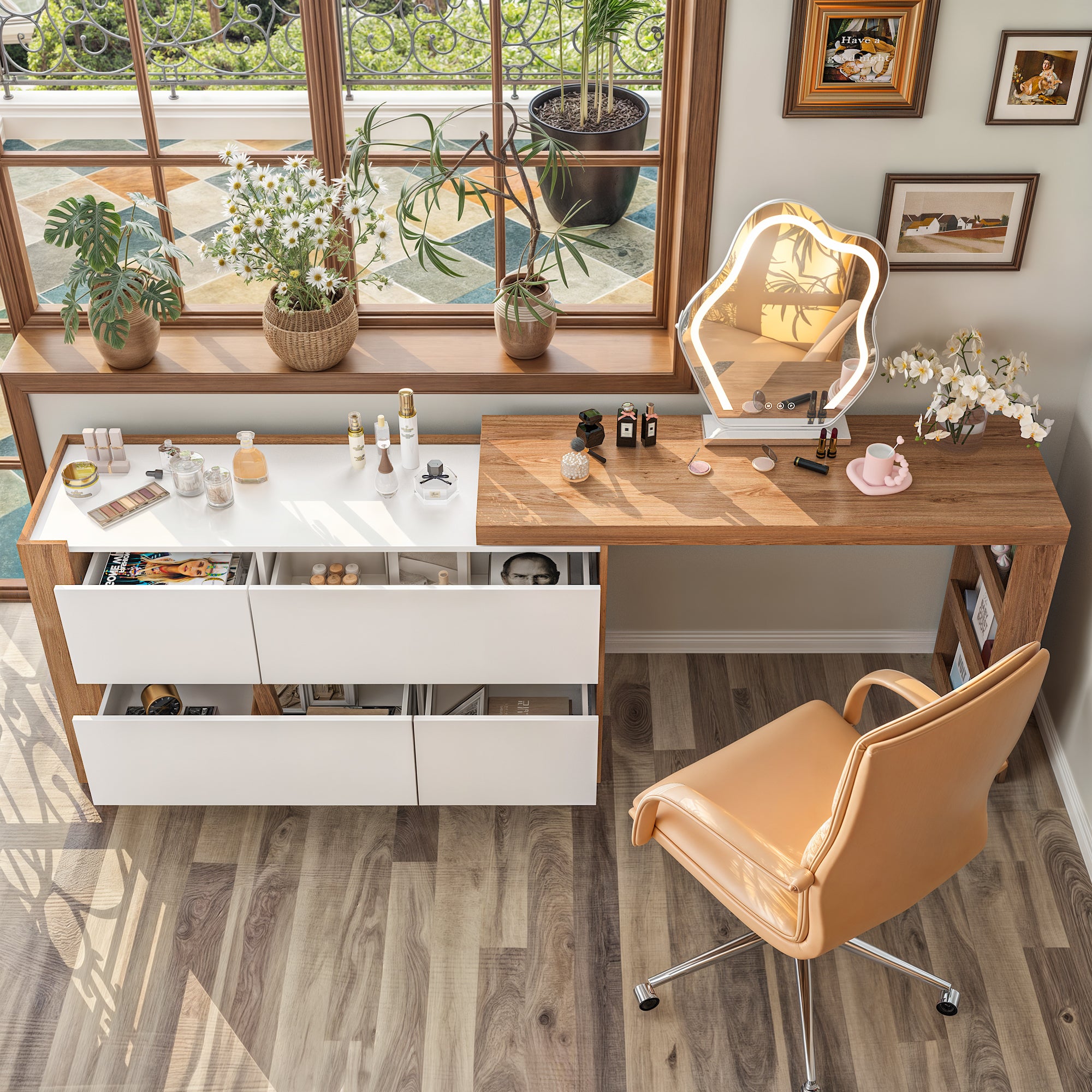 L-Shaped Modern Vanity Set with Adjustable Storage and 4 Drawer Chest