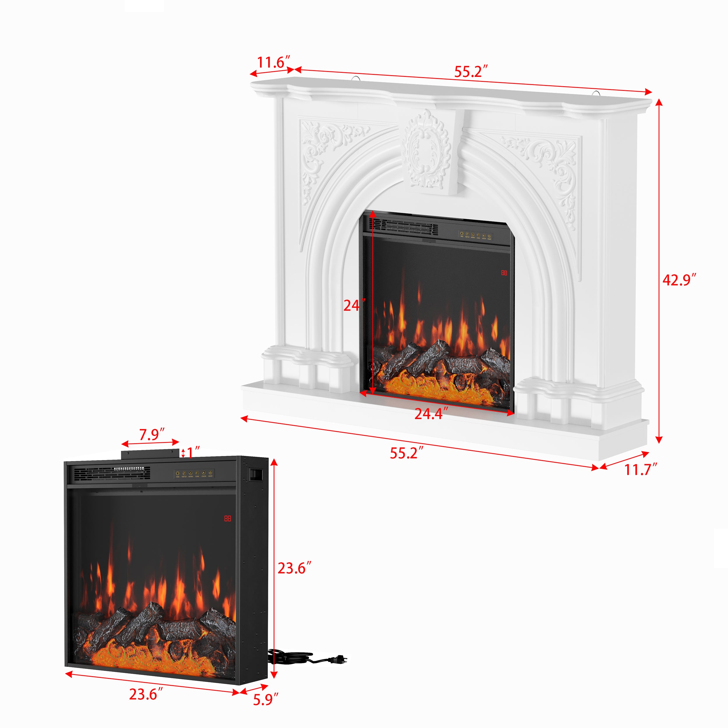 55.2 inch Built-in Electric Fireplace with Carved Mantel