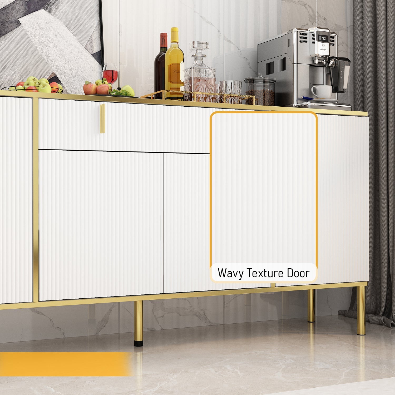 Wide Sideboard Buffet Storage Cabinet in Black with Drawer & Pop-up Doors