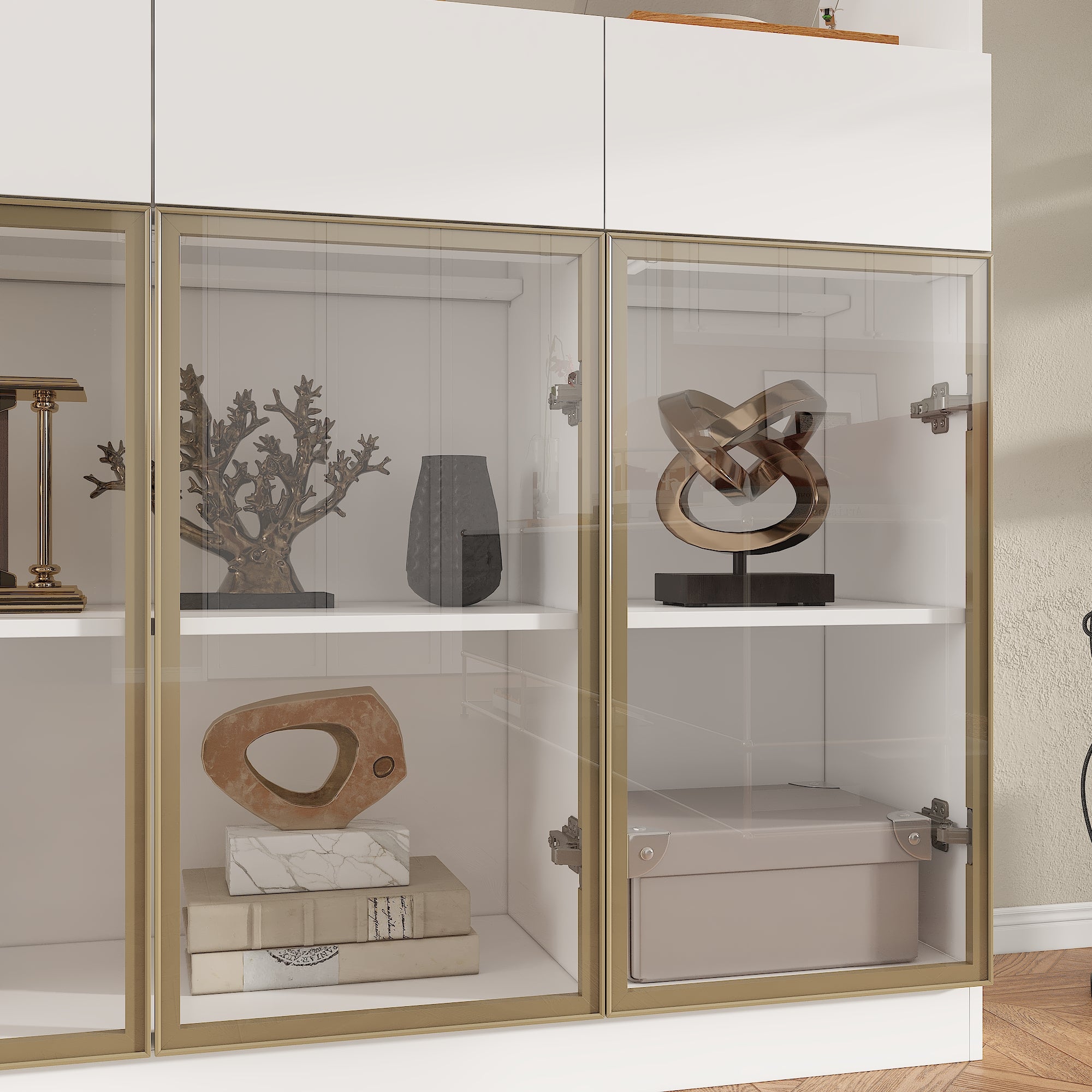 Three Drawers Bathroom Linen Cabinet With Tempered Glass Doors And Light