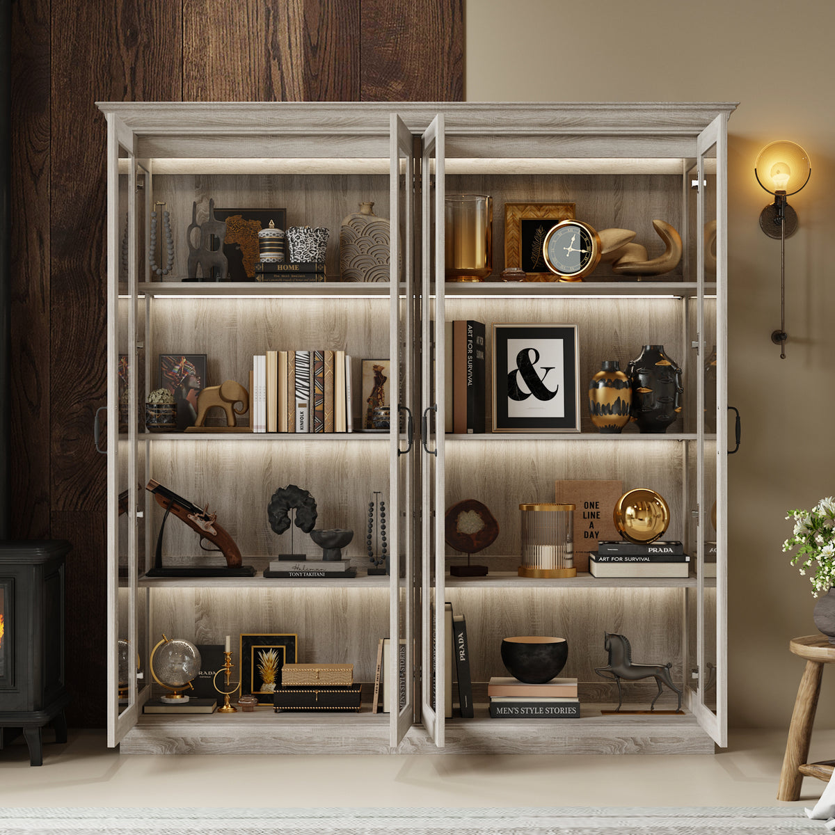 68.5 inch China Cabinet with 4 Glass Doors and Light