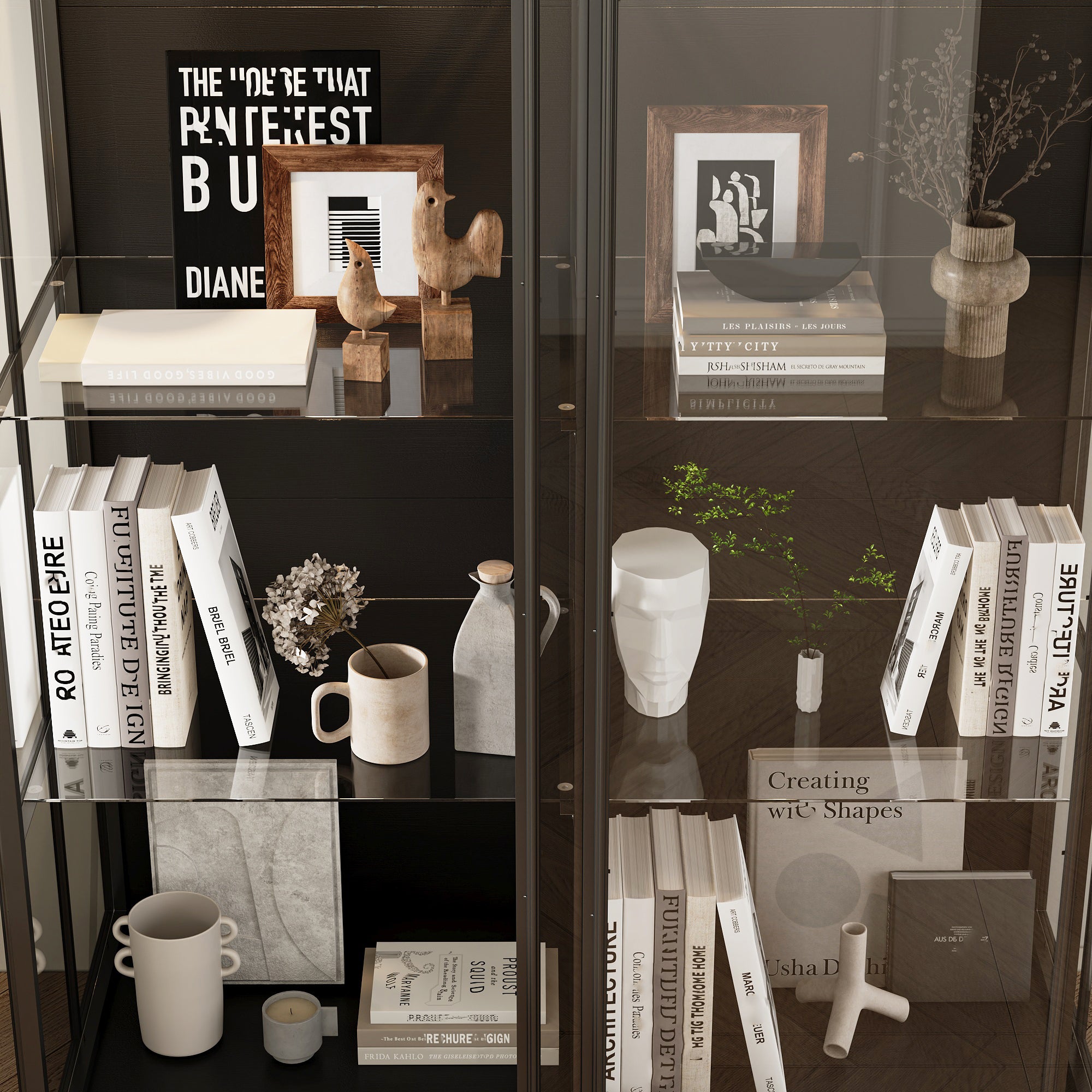 75'' H X 48'' W x 23.6'' D 4-Tier Display Cabinet Bookcase With Glass Doors And LED Light