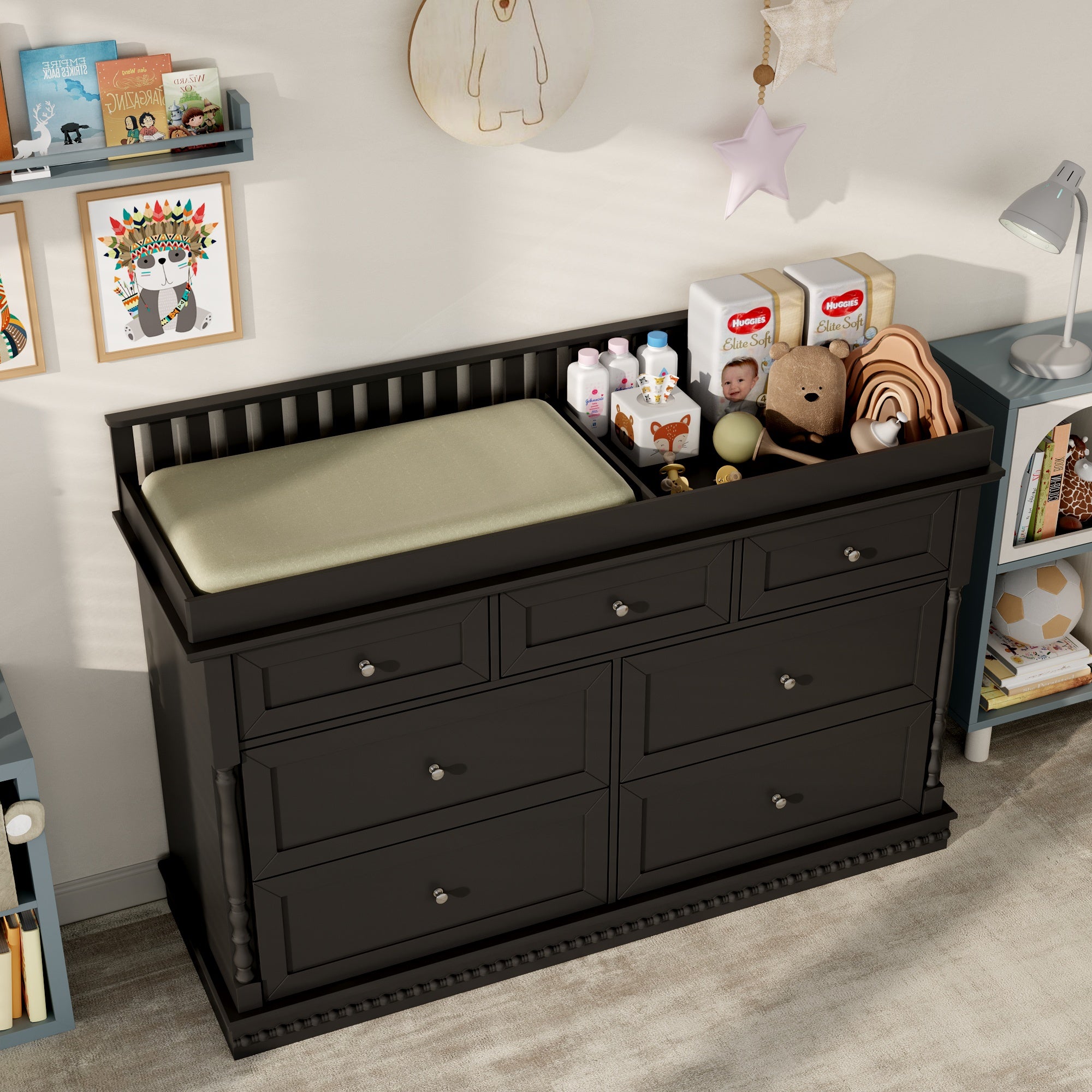 Chest Nursery Dresser Changing Table Top – 7-Drawer Baby Storage Organizer for Diapers and Clothes