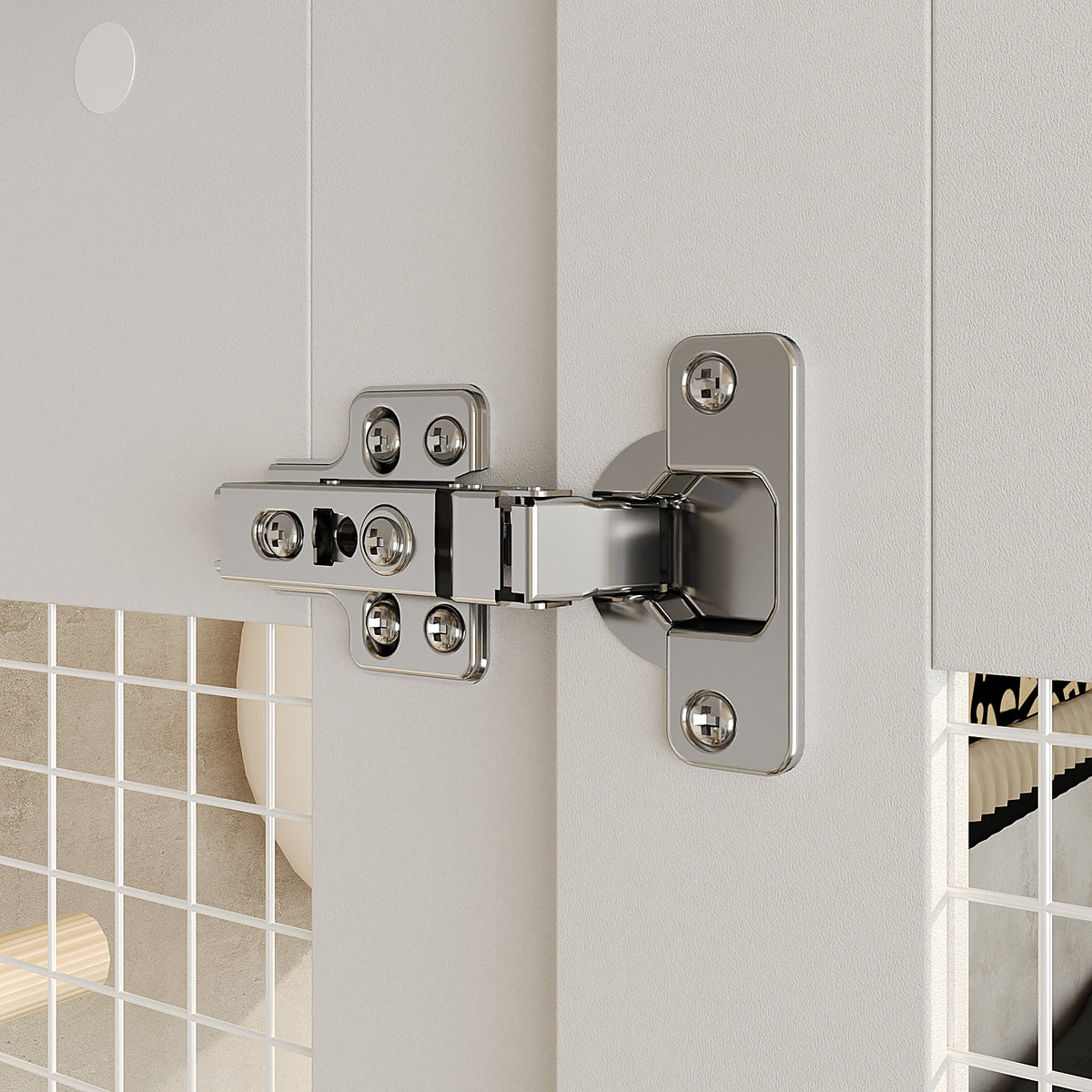Close-up of a chrome door hinge on a white door with tiled wall background
