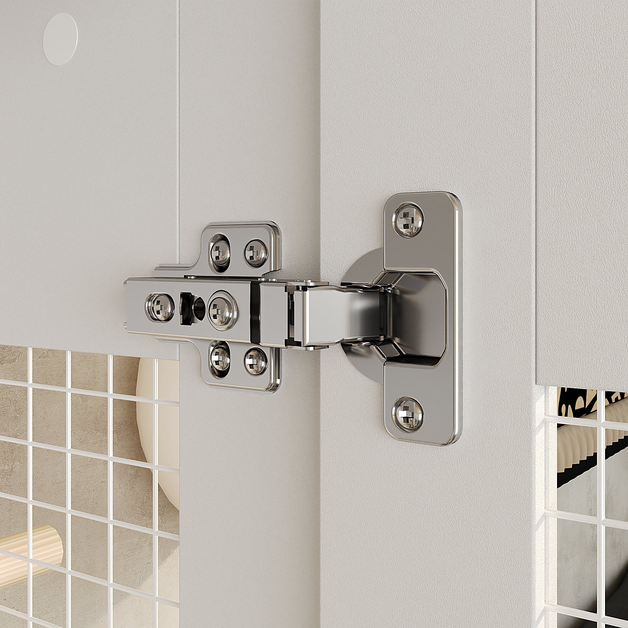 Close-up of a chrome door hinge on a white door with tiled wall background