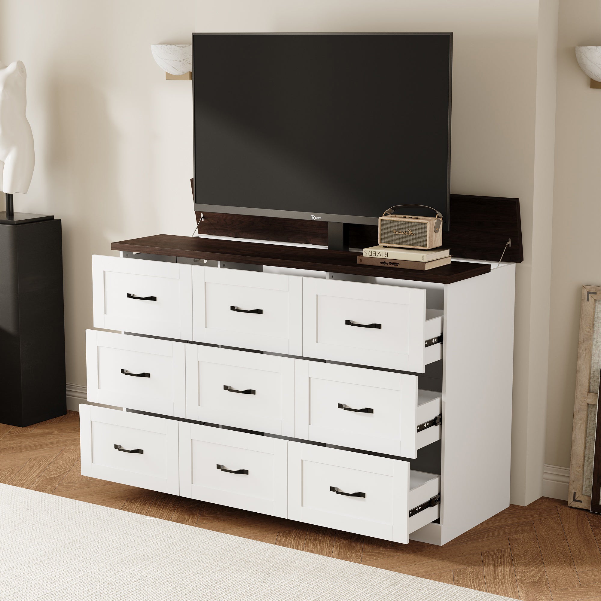 63'' W Lifting TV Stand & Dresser With Hidden TV Lift Motorized Vertical Stand Lift(Built-In Power Outlet)