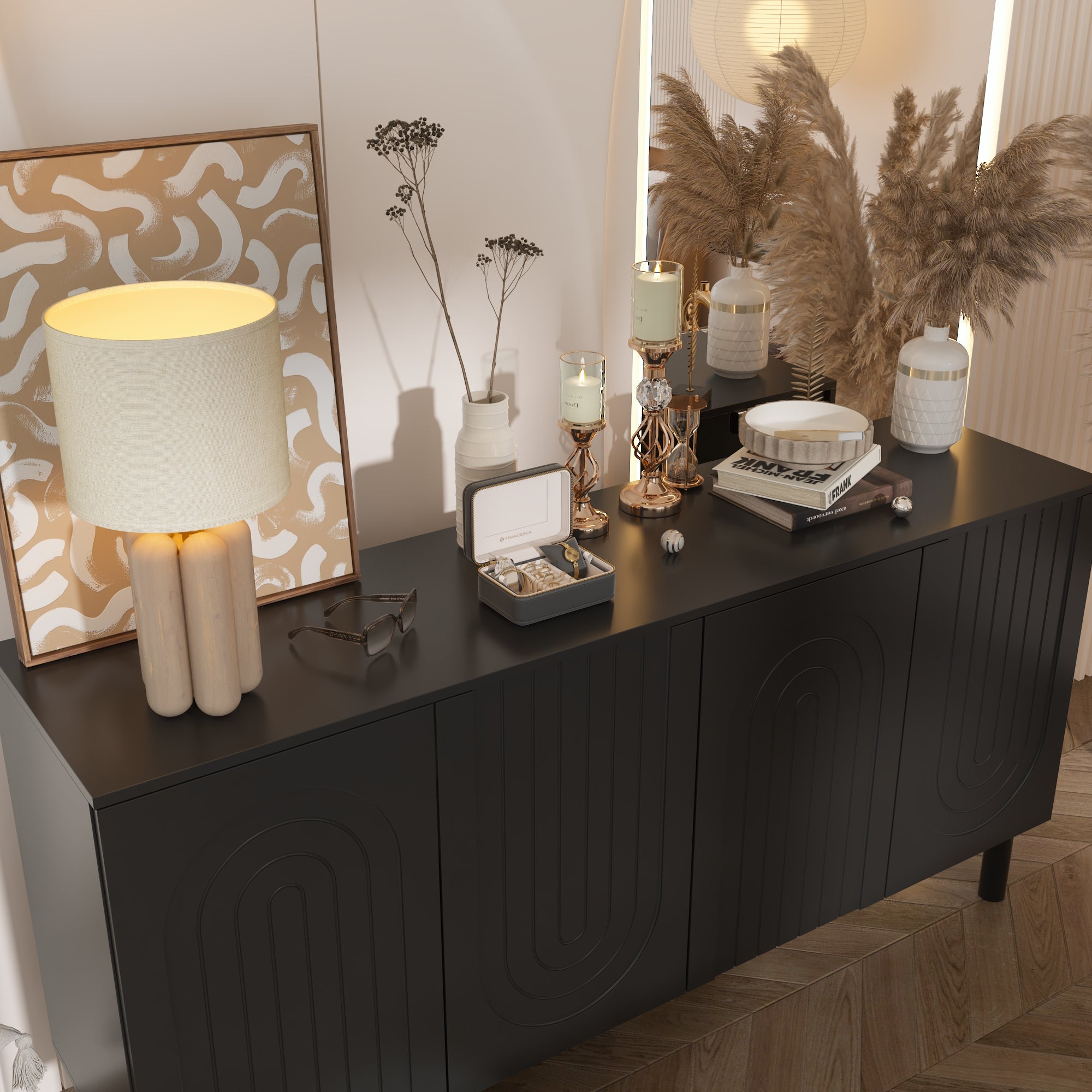 Sideboard Buffet Table Console Table in White Finish 4 U-Shaped Doors