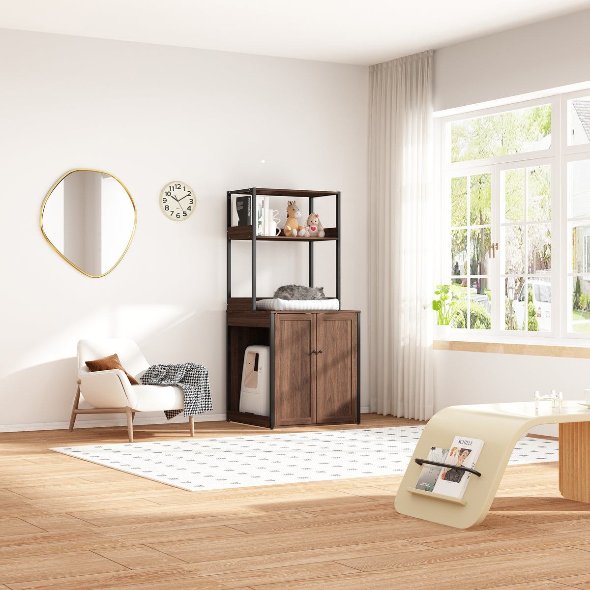 30.8 inches Walnut Wood‑Grain Cat Litter Box Enclosure with Multi‑Level Cat Perch and Storage Shelves