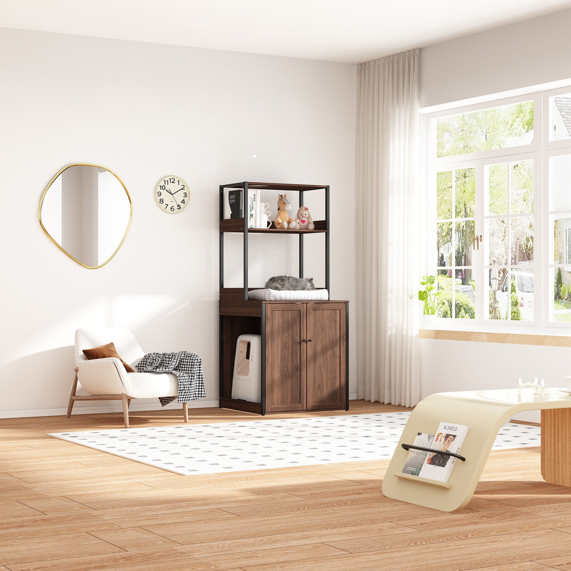 30.8 inches Walnut Wood‑Grain Cat Litter Box Enclosure with Multi‑Level Cat Perch and Storage Shelves