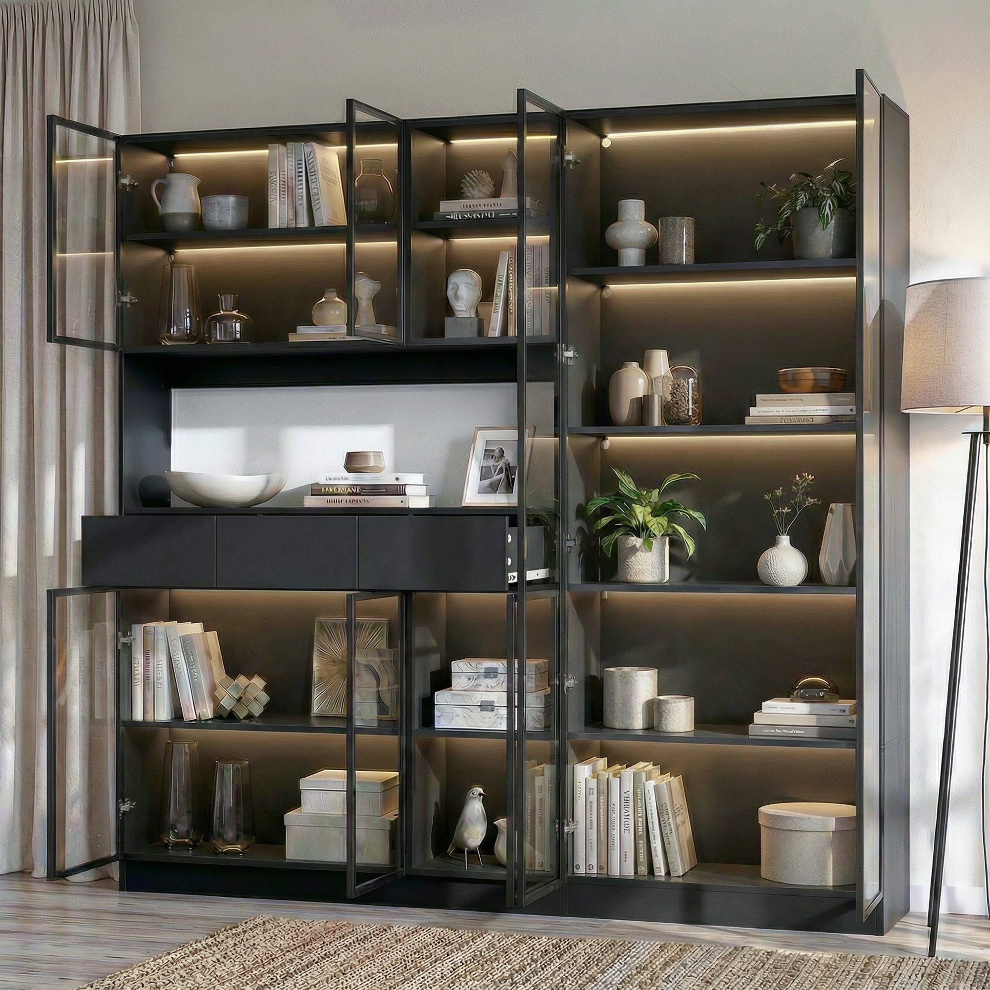 78.7 inch Large Bookcase with Glass Doors and 3-Color Changing LED Lights