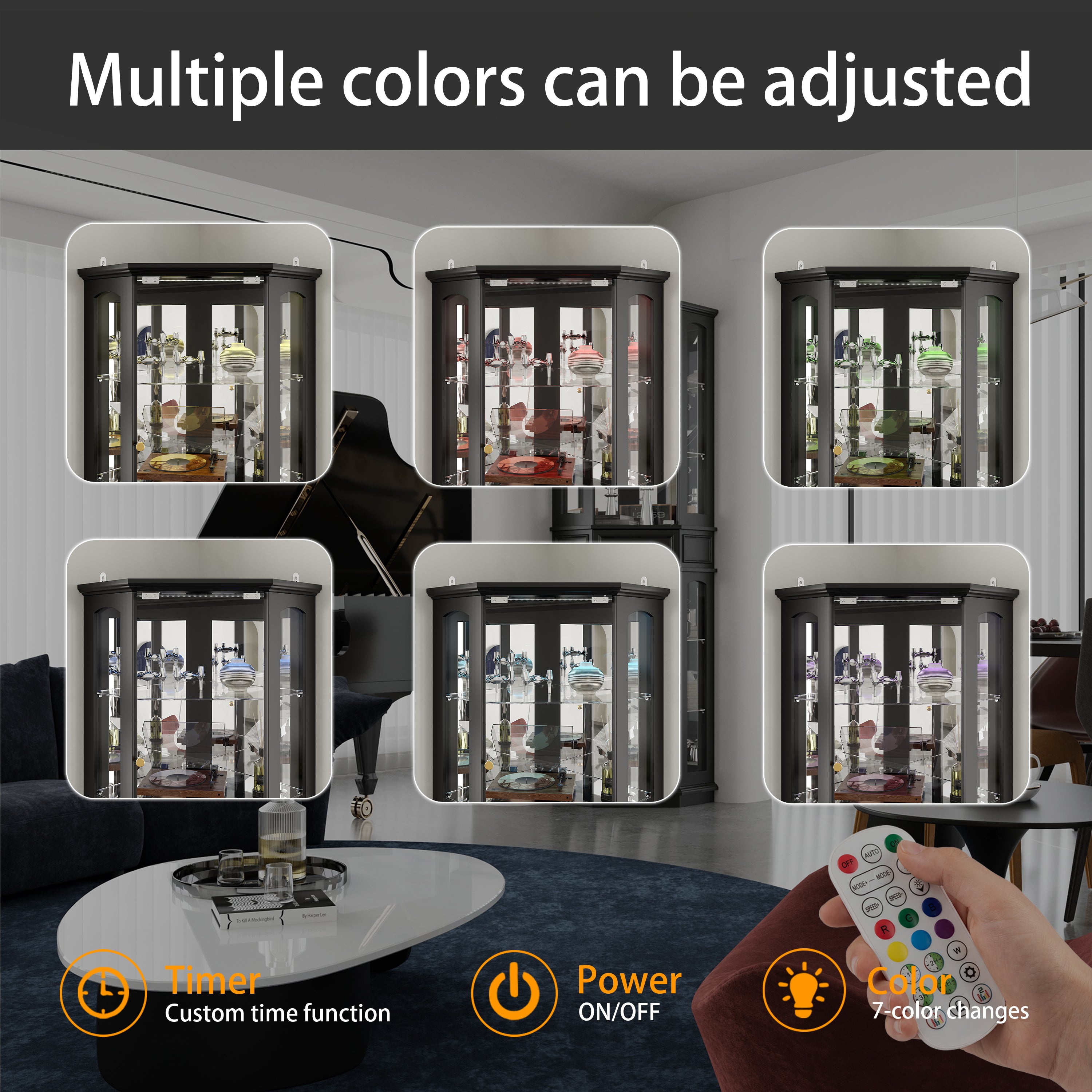 Black tall display cabinet with glass doors and center drawer