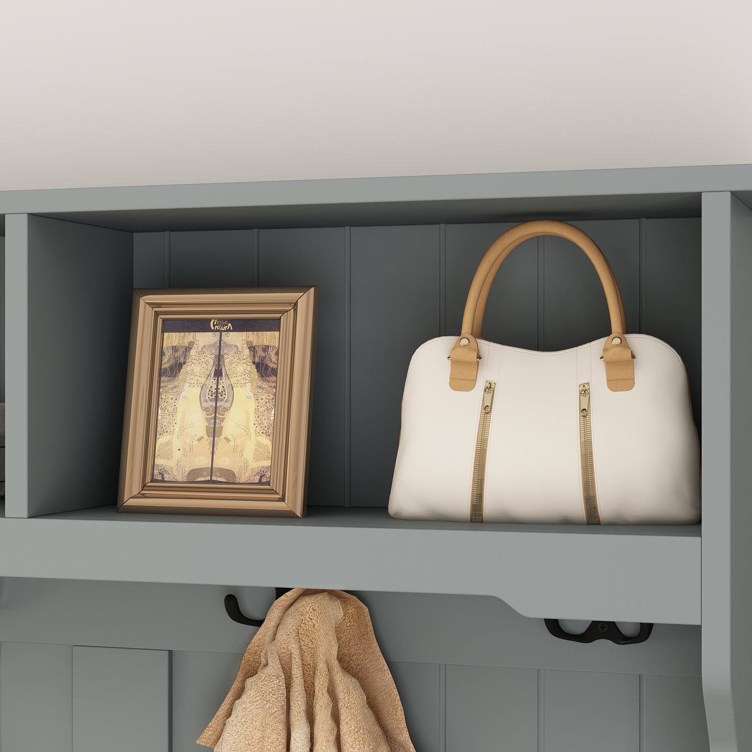 Modern Hall Tree with Storage Bench, 4-in-1 Entryway Bench with Coat Rack, Tall Hall Tree with 4 Metal Double Hooks, Shelves & 2 Drawers for Hallway, Living Room