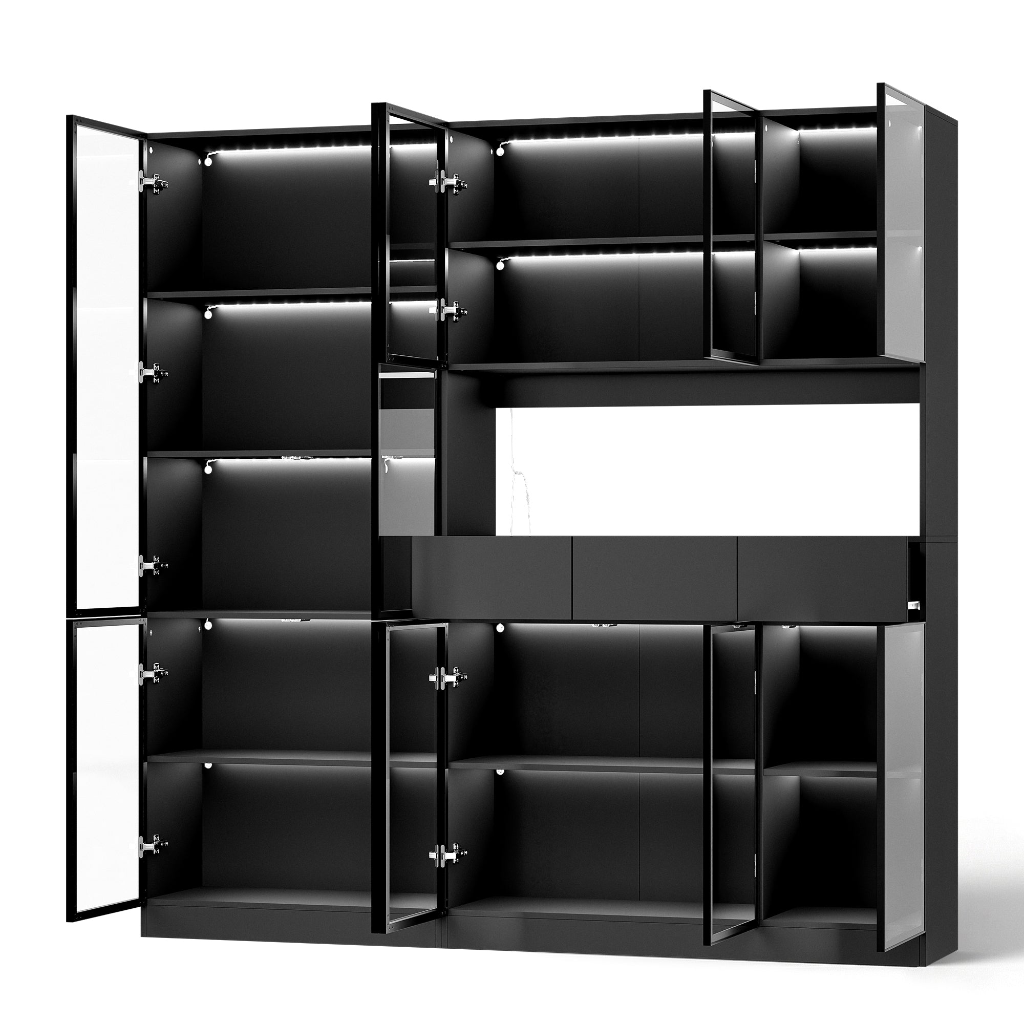 78.7 inch Large Bookcase with Glass Doors and 3-Color Changing LED Lights