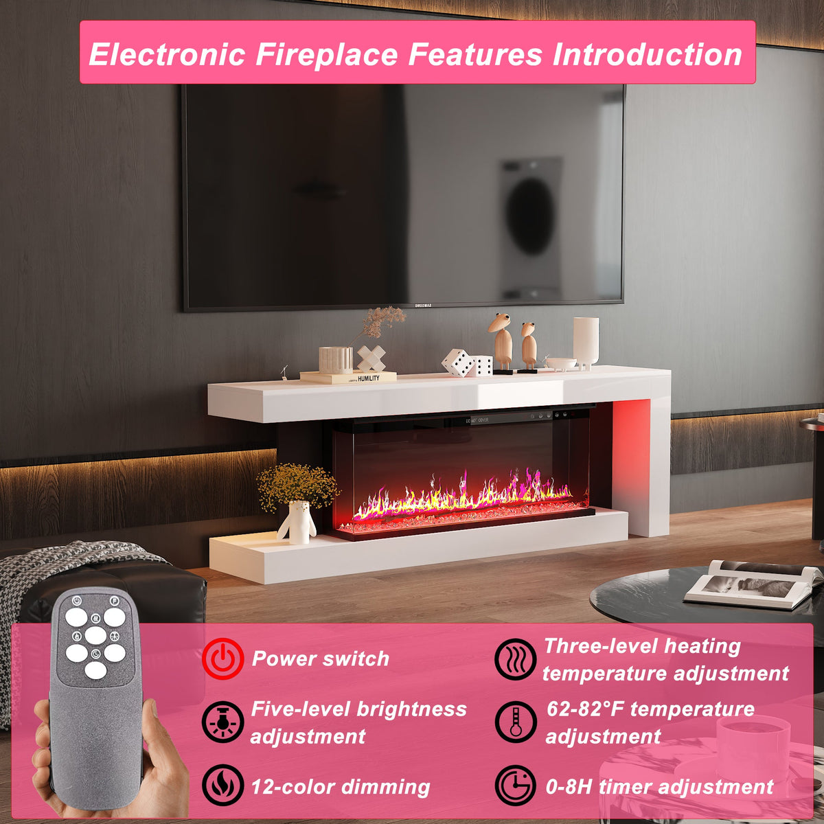 66.9 inches Modern White Electronic Fireplace with TV Stand