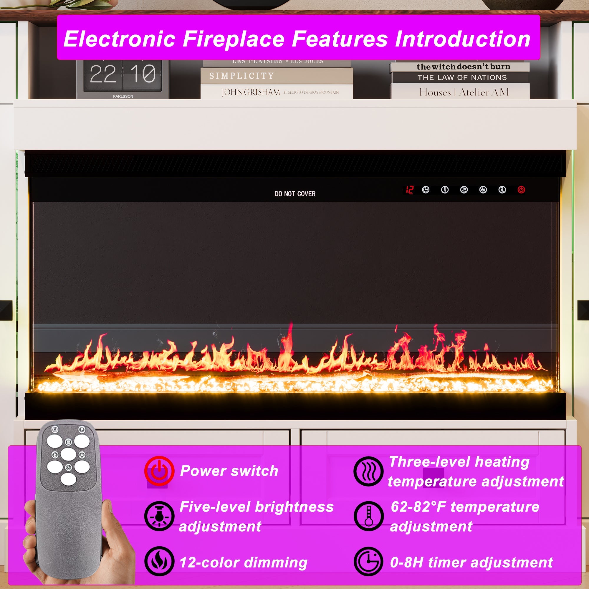 30-inch Electronic Fireplace With White TV Stand and Adjustable Light