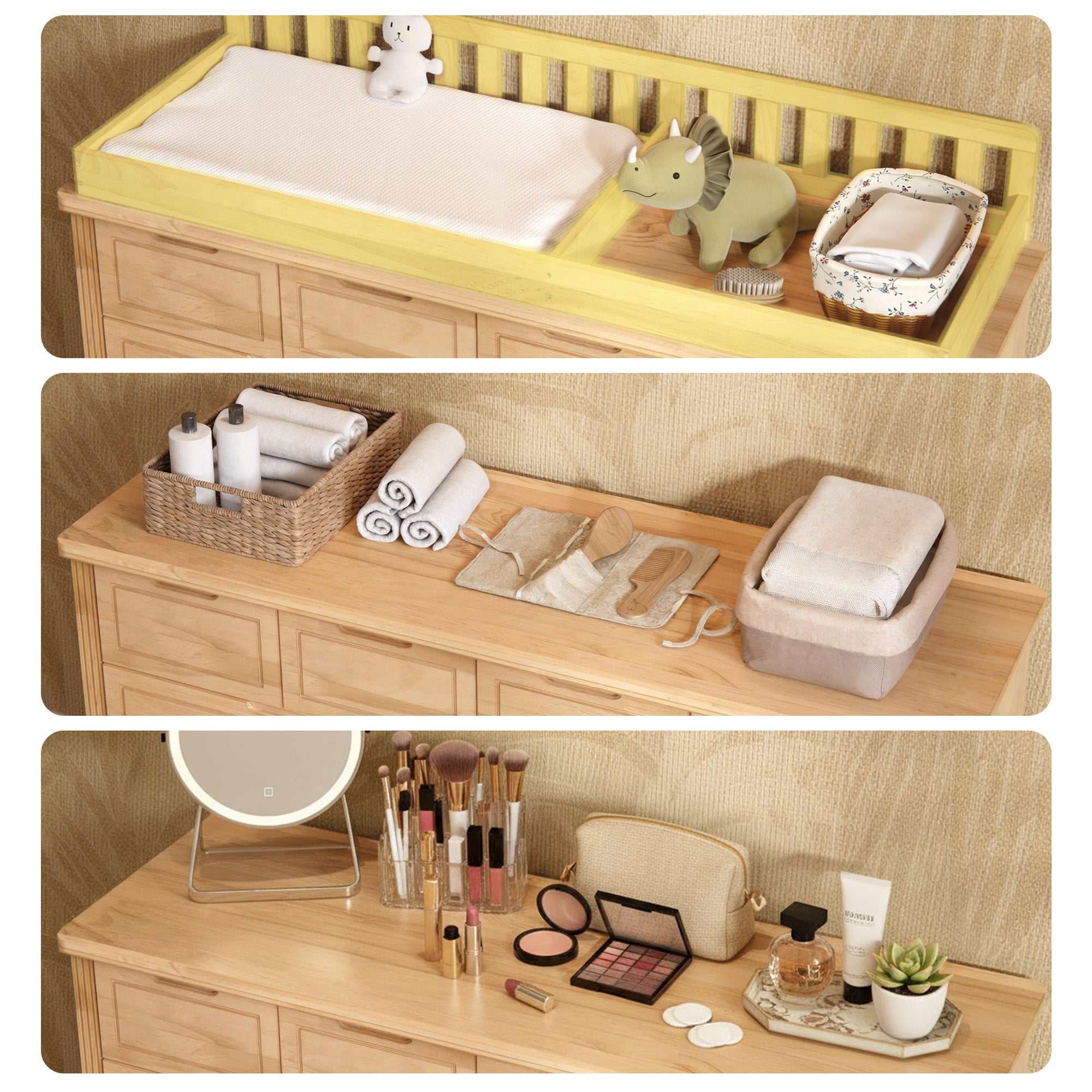 Wood changing table dresser with removable changing topper and multiple drawers