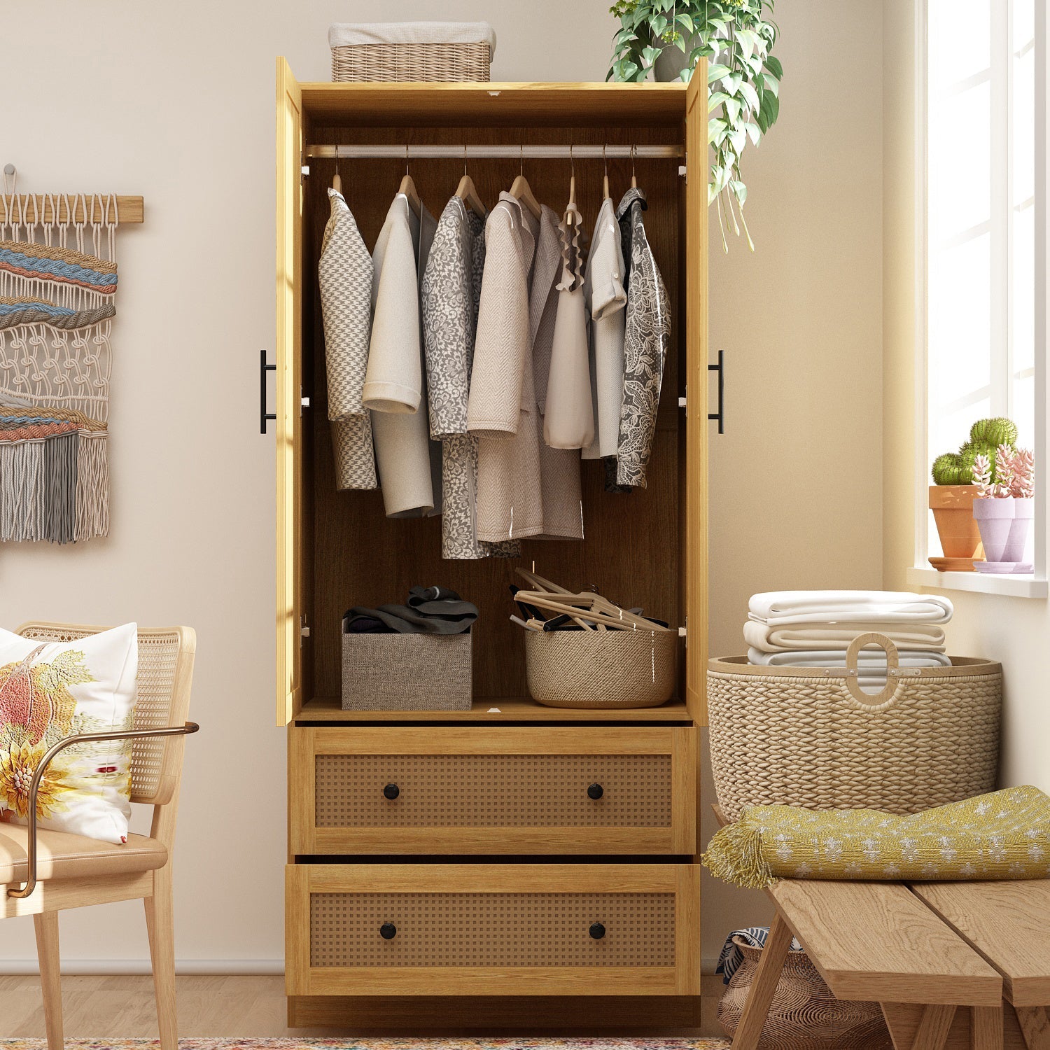 Wooden Wardrobe Armoire with 2 Doors 2 Drawers Bedroom Closet with Hanging Rod Storage Drawers