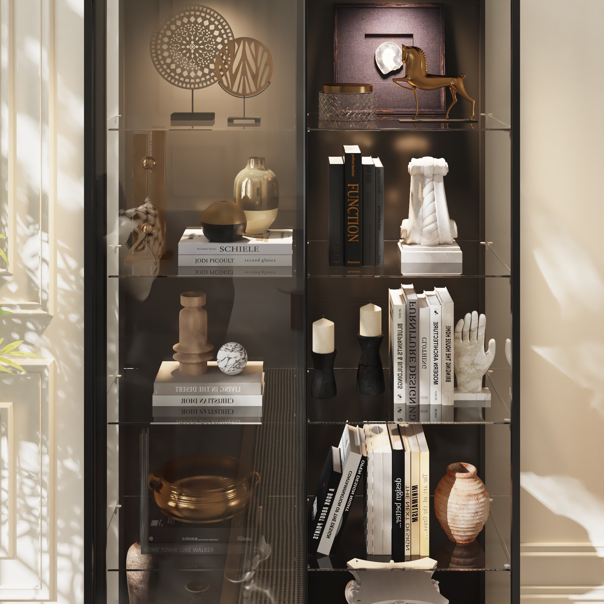 39.4 inches Modern Black 5-Tier Curio Cabinet with Sliding Glass Doors and LED Lights