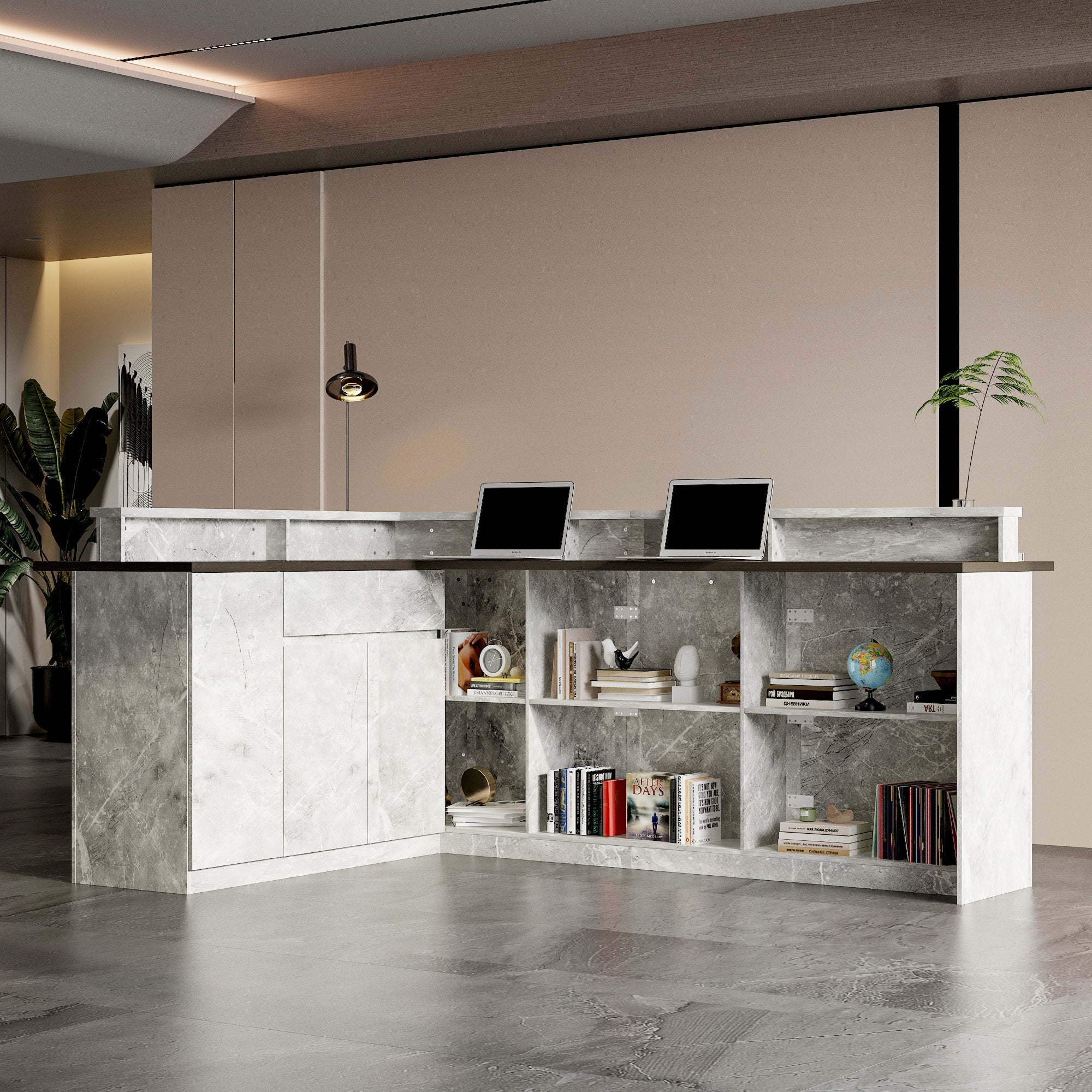 Modern reception desk with marble finish in an office setting