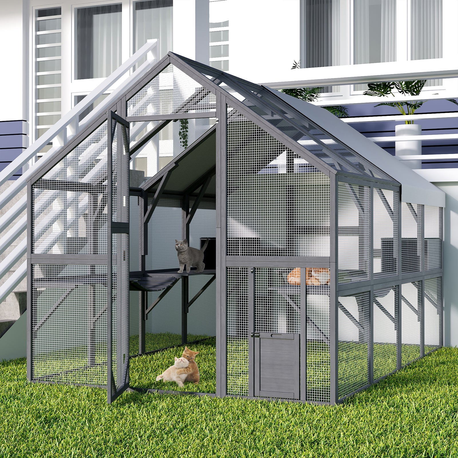 Large Cat Run Wooedn Cat Houses Outdoor Enclosure with Sleeping Houses Bridges Walks