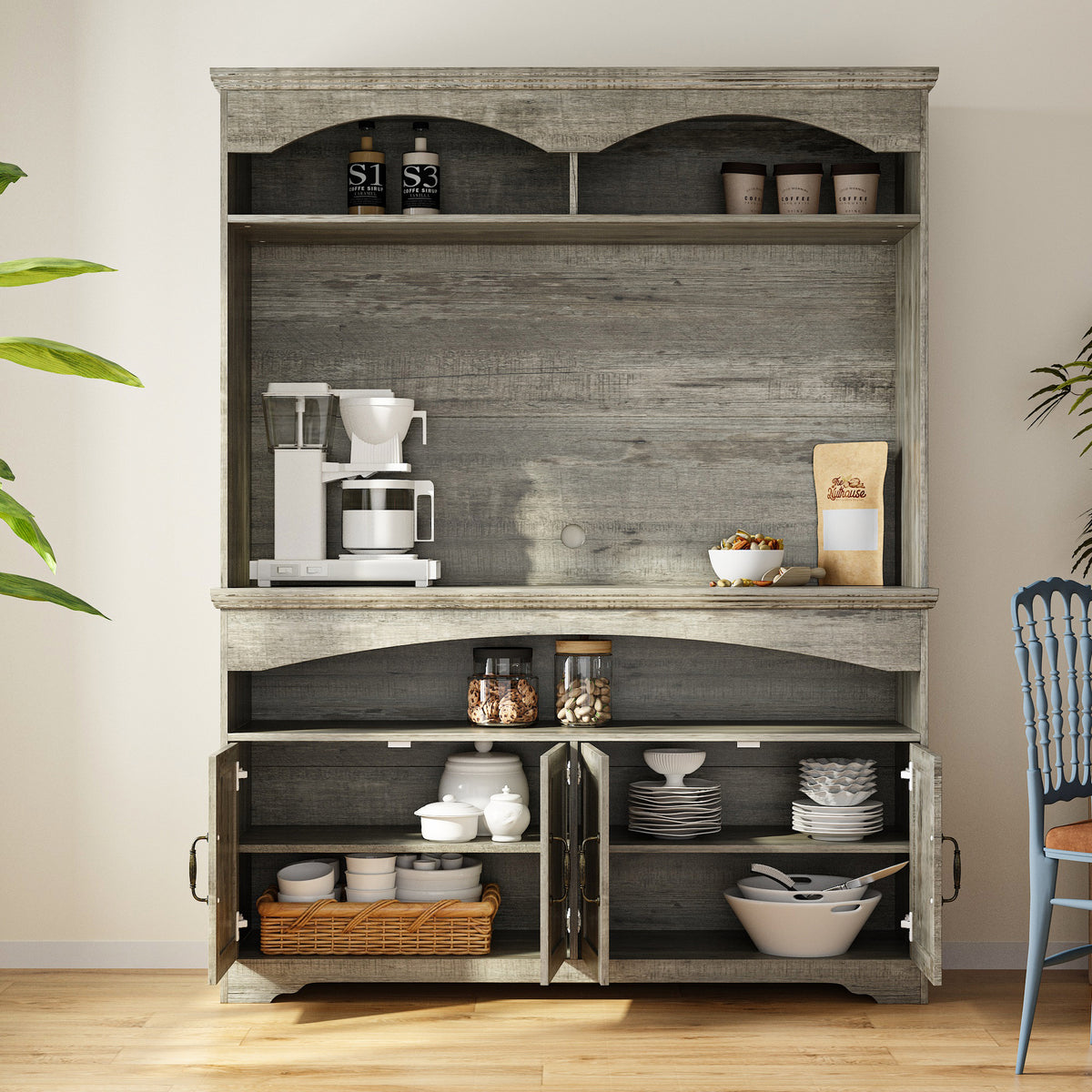 53.7" Retro Brown Dining Hutch with Adjustable Shelves