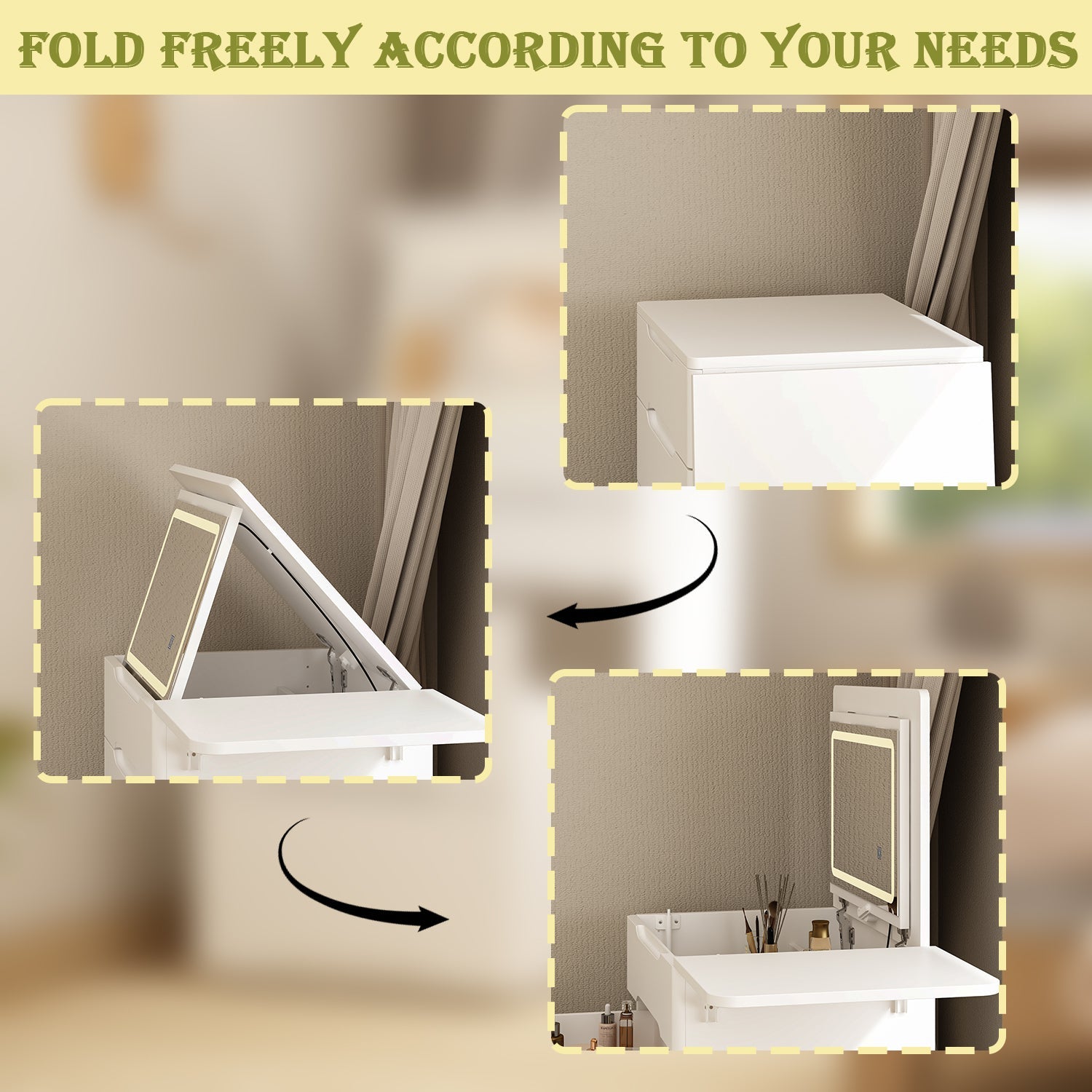 Makeup Vanity Table With Flip Top Desktop, LED Lighted, Storage Makeup Stool, Side Shelves