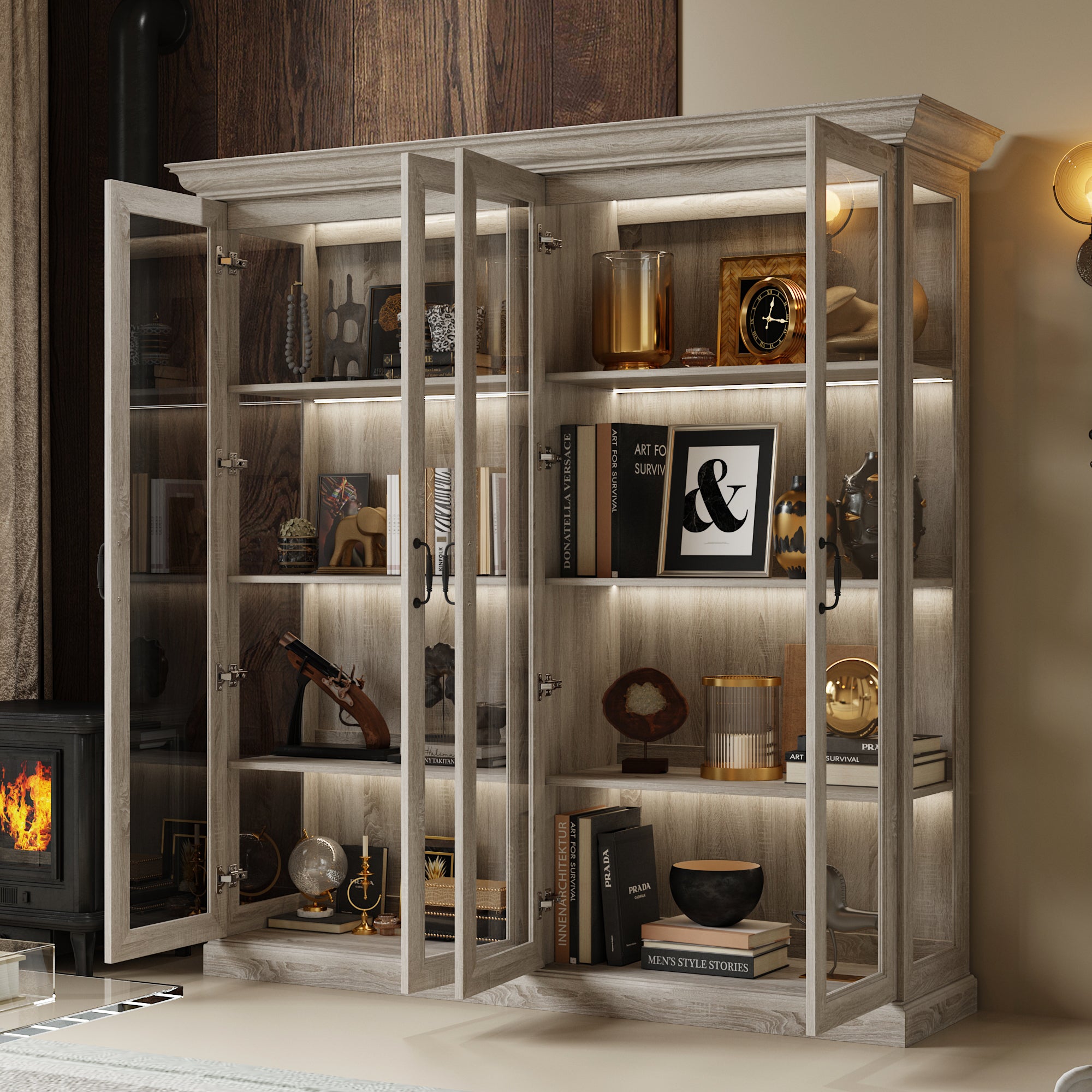 68.5 inch China Cabinet with 4 Glass Doors and Light