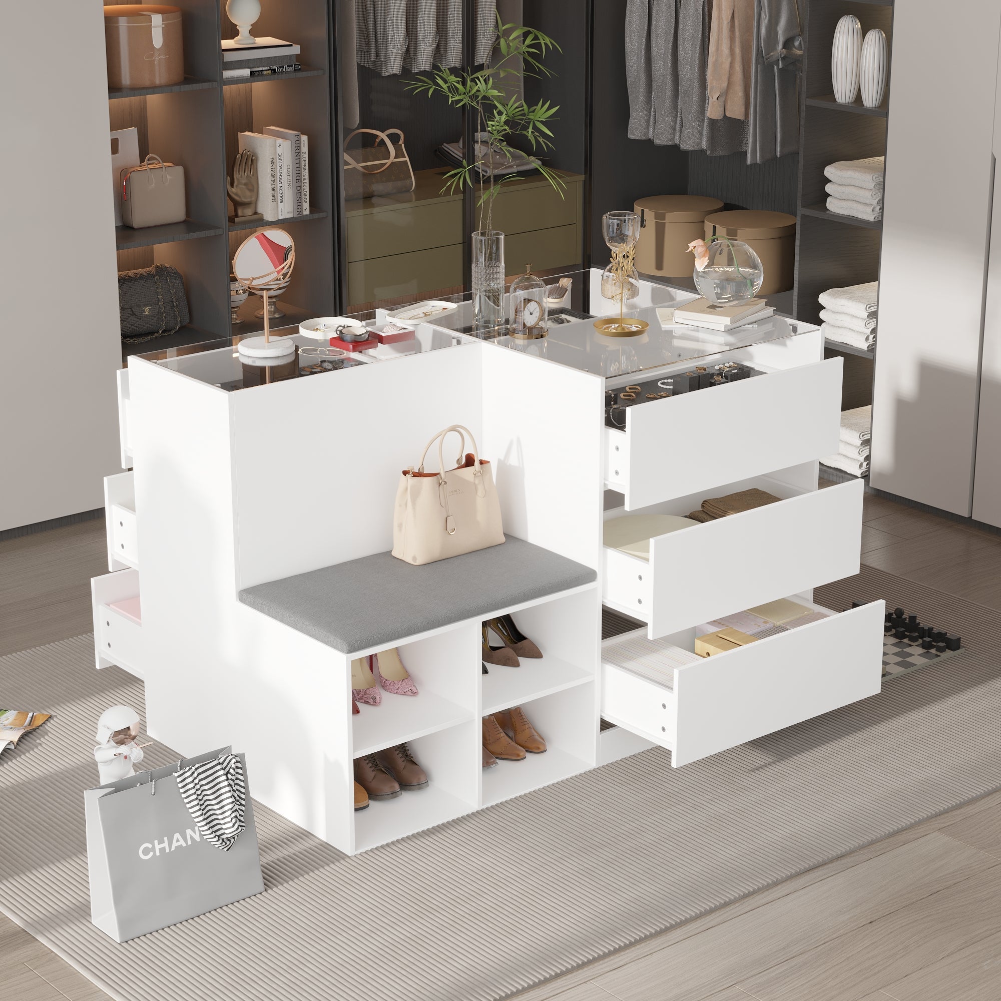 47.2 inches Modern White 4-Shelf Chest With Top And Comfortable Bench