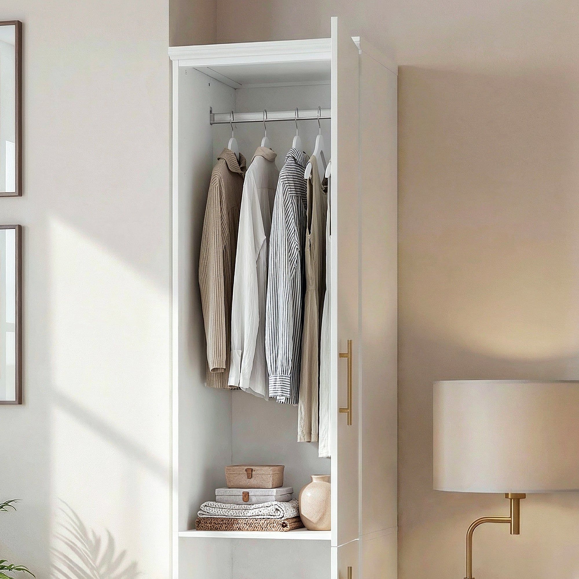 15.7 inches Modern White Compact Wardrobe with Dual Doors, Golden Handles and Multiple Storage Sections