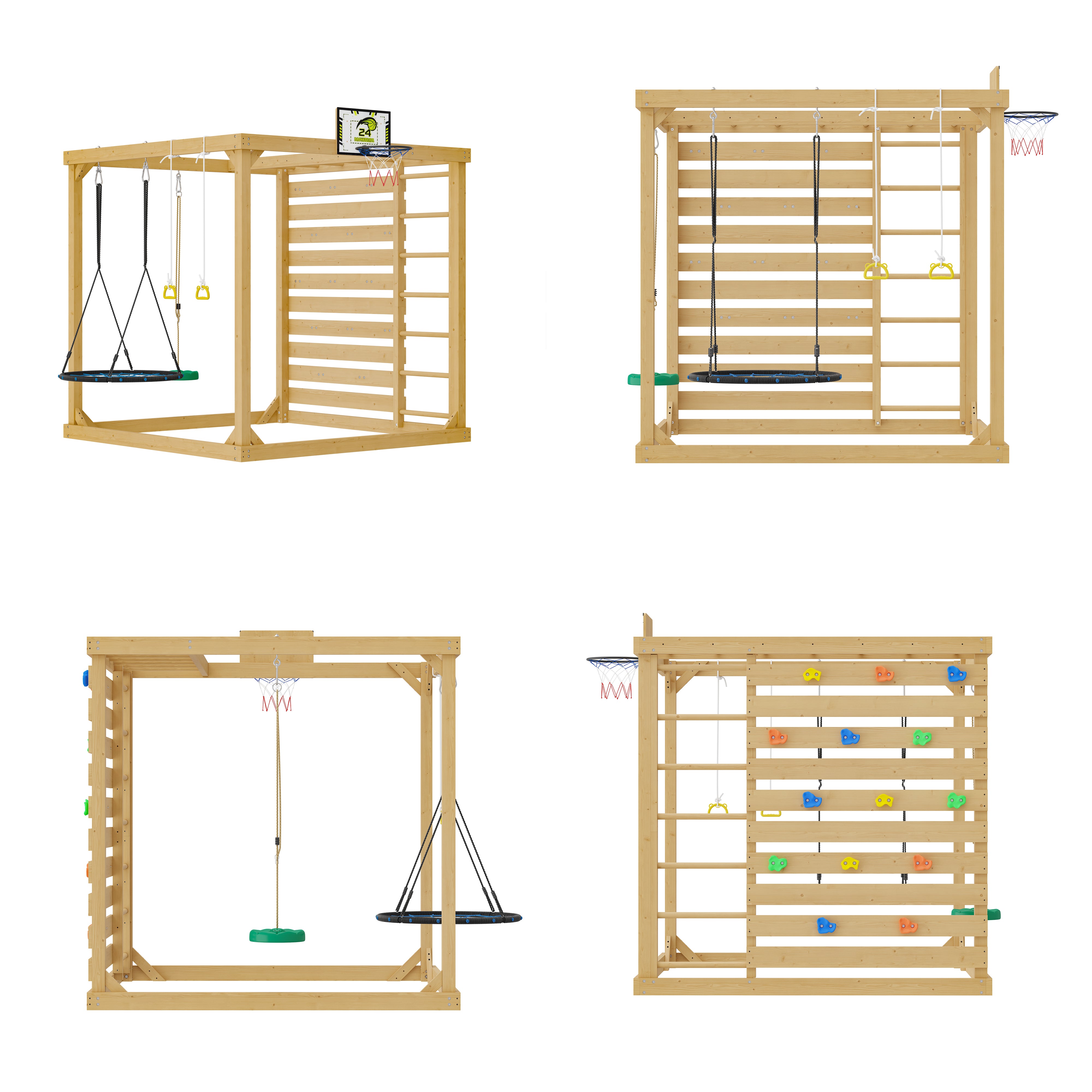 78.7" 8-in-1 Solid Wood Outdoor Playset with Swings, Climbing Wall and Basketball Hoop