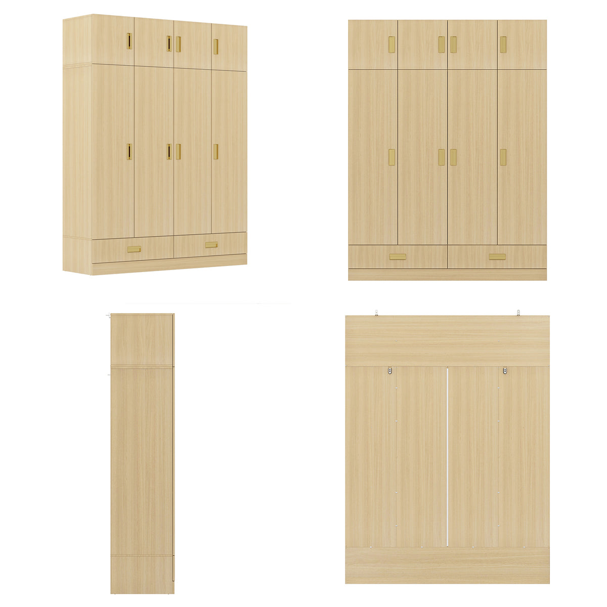 63 inches Beige Wood‑Grain 8‑Door Armoire Wardrobe with Top Cabinet, Hanging Rod and 2 Bottom Storage Drawers