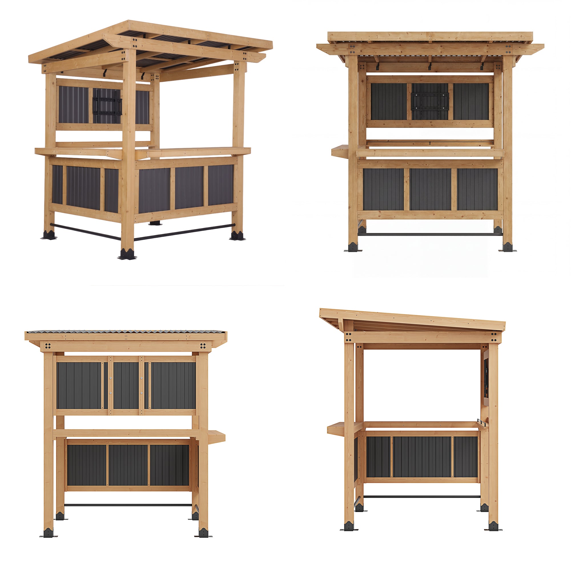 84.6" Cedar Wood Patio Bar Pergola with Double Bar, TV Mount and Footrest