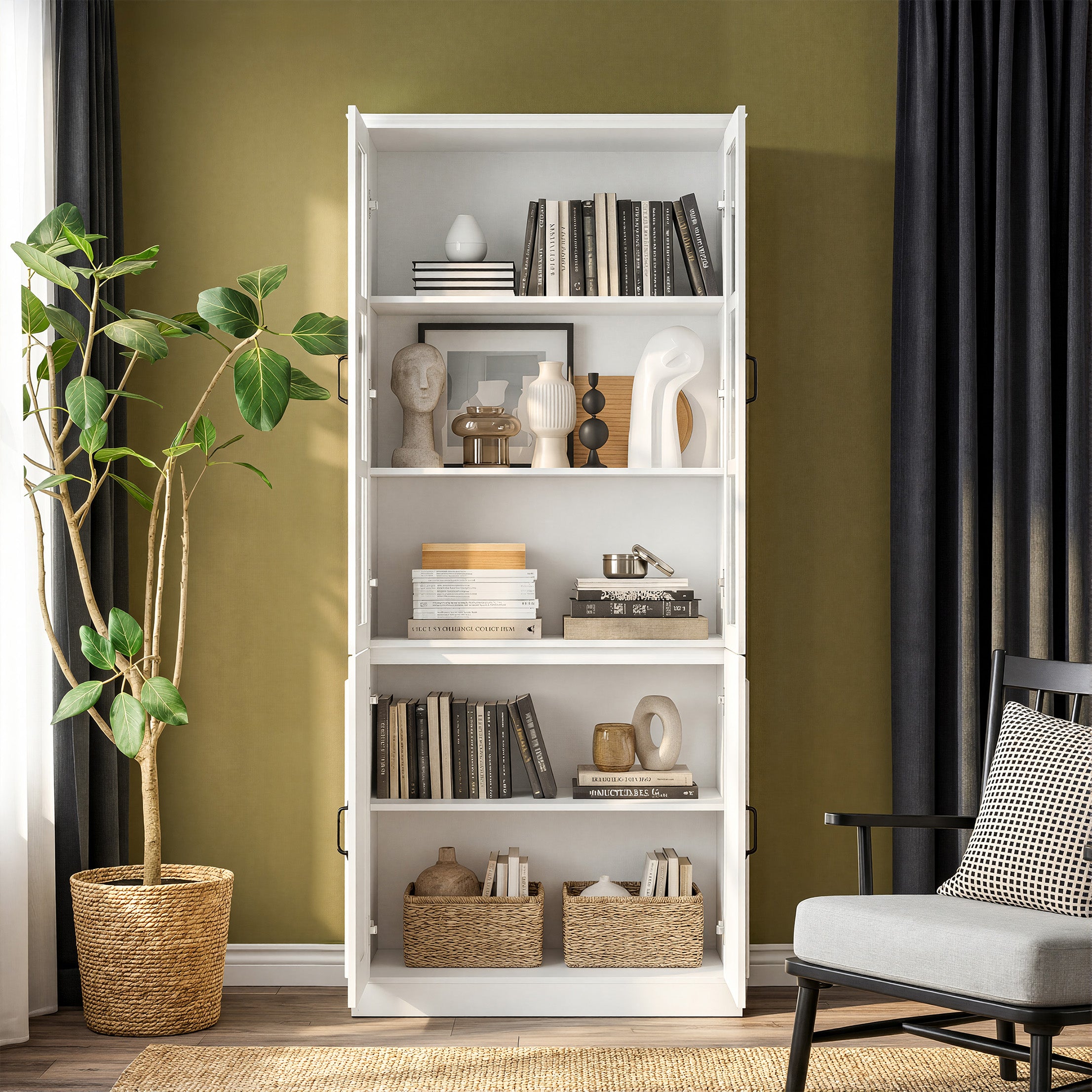 31.5 inches Modern White Standard Storage Bookcase with Glass Door and Shelves