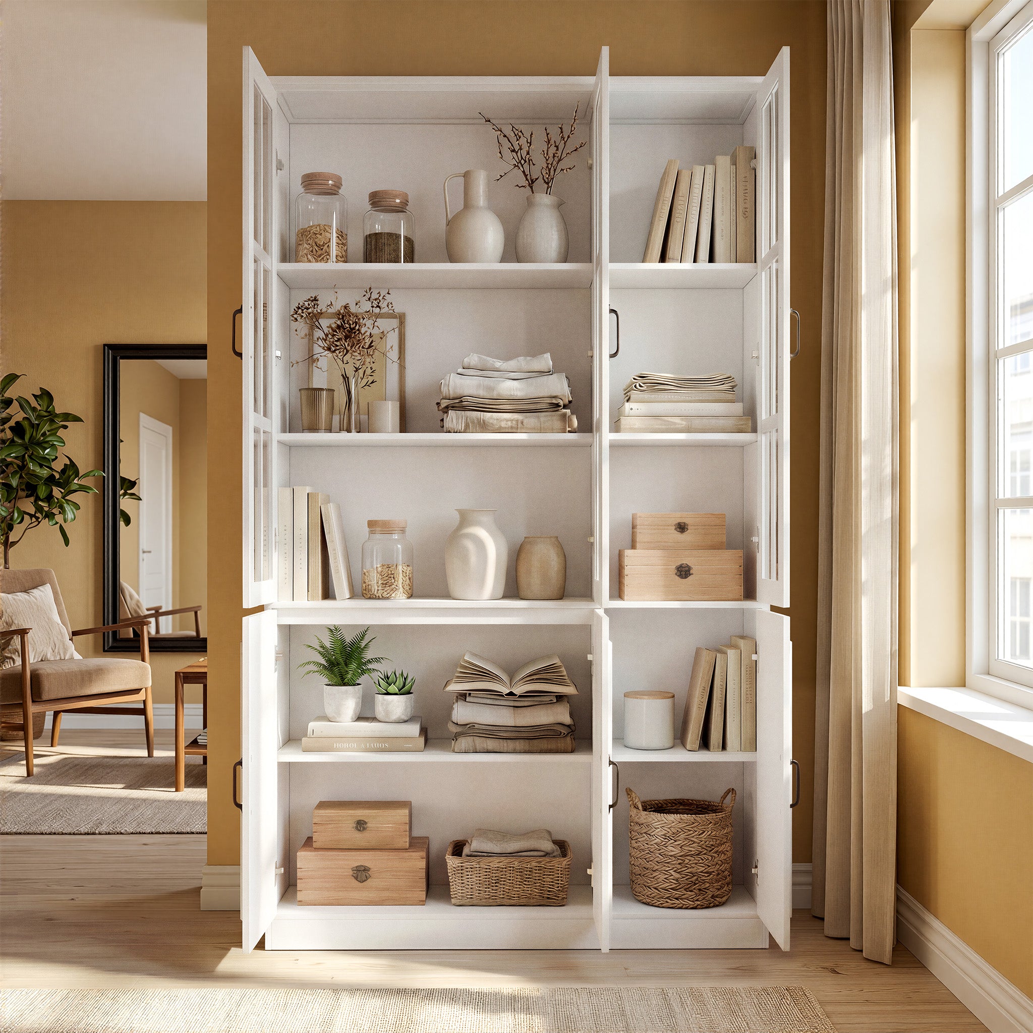 47.2 inches Modern White Freestanding Wood Bookcase with 3 Glass Doors