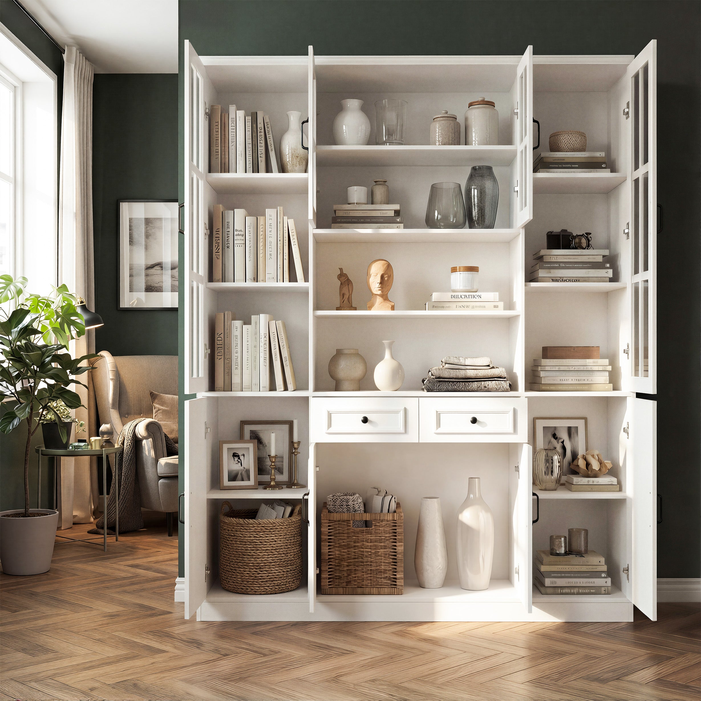 63 inches Modern White 2-Drawer Bookcase with Glass Doors